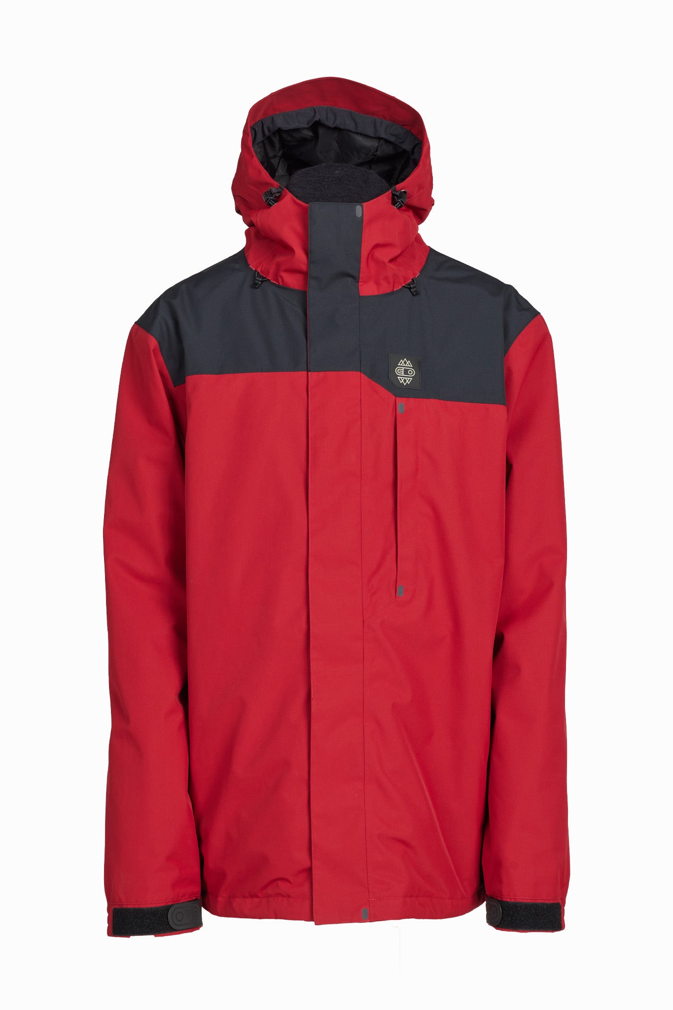 A red and dark gray colorblock hooded jacket with a front zipper, shown on a plain white background.