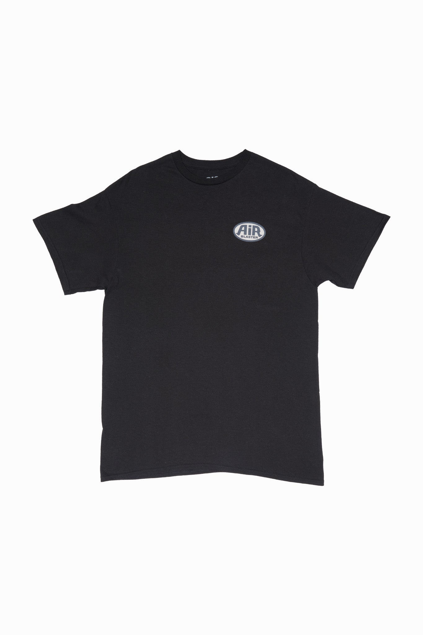 A black short-sleeve crewneck t-shirt with a small white circular 'AIR' logo printed on the left chest, displayed flat against a solid white background.