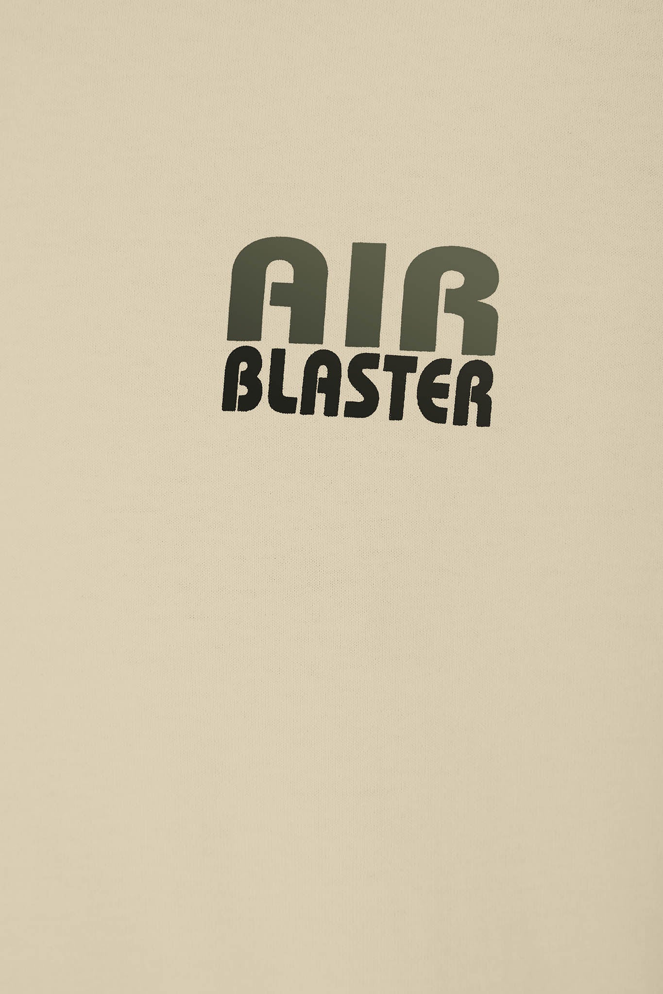 Details of a off white shirt and olive Air blaster logo