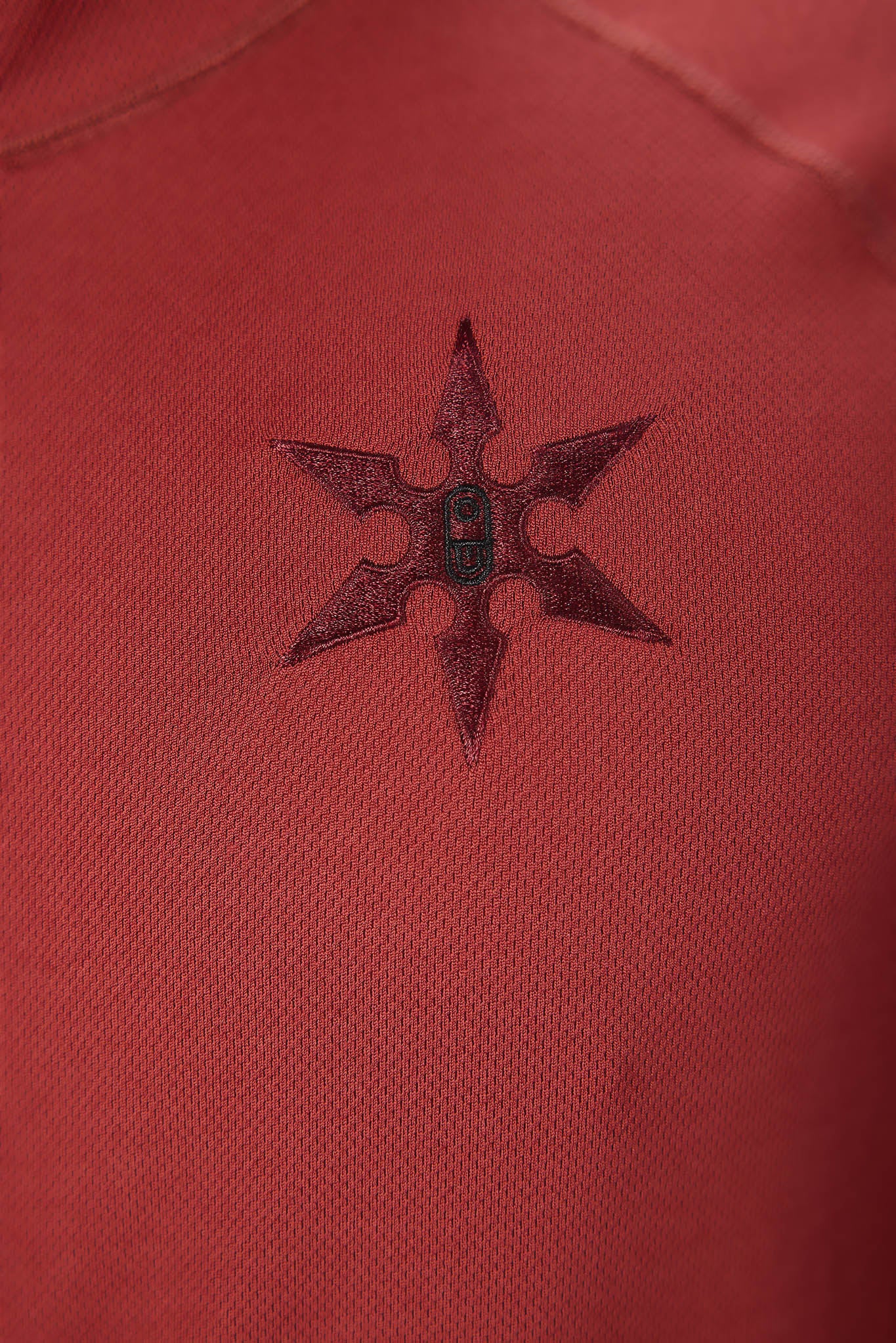 Close-up of a red textured fabric with a dark embroidered six-pointed star featuring a small green and red center emblem.