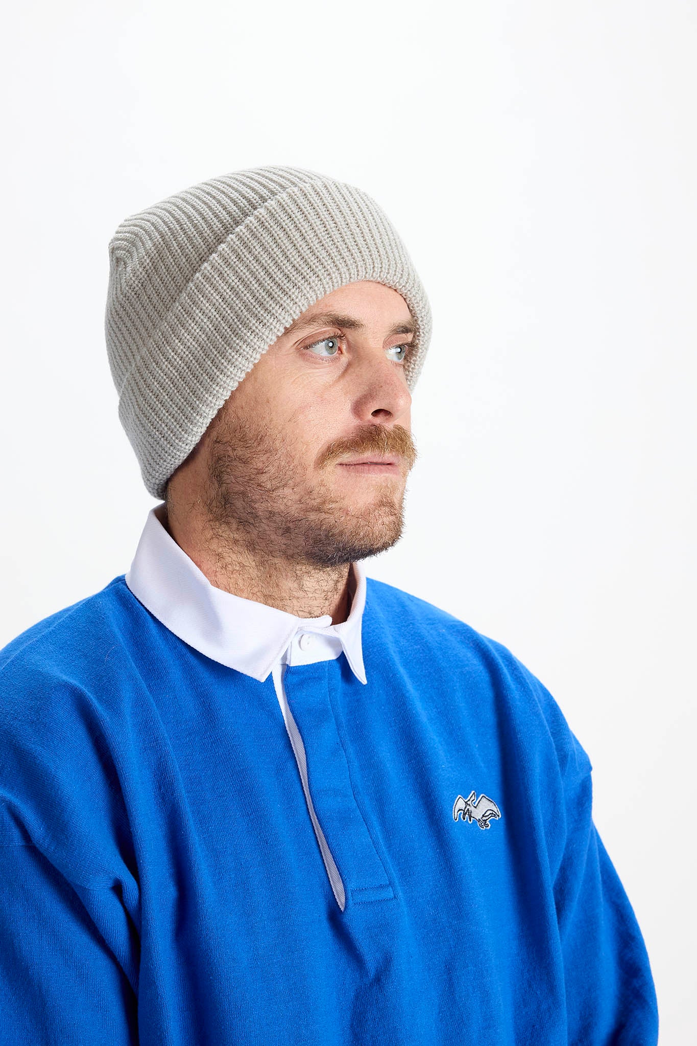 A man wearing a light gray ribbed knit beanie and a blue rugby-style pullover sweater over a white collared shirt, photographed against a plain white studio background.