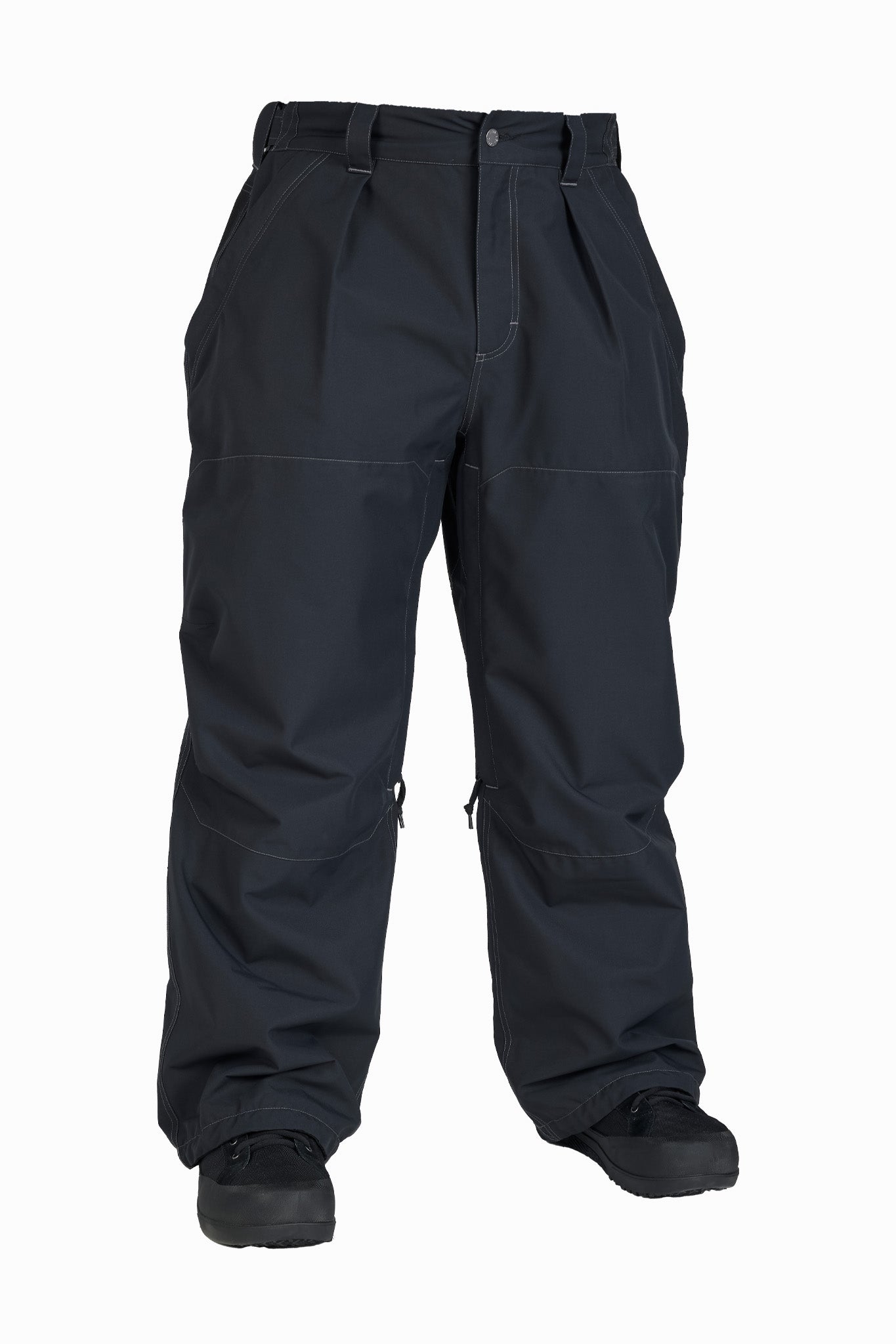 Black snow pants with a high waist, belt loops, and zippered knee pockets, shown on a white background with black boots.