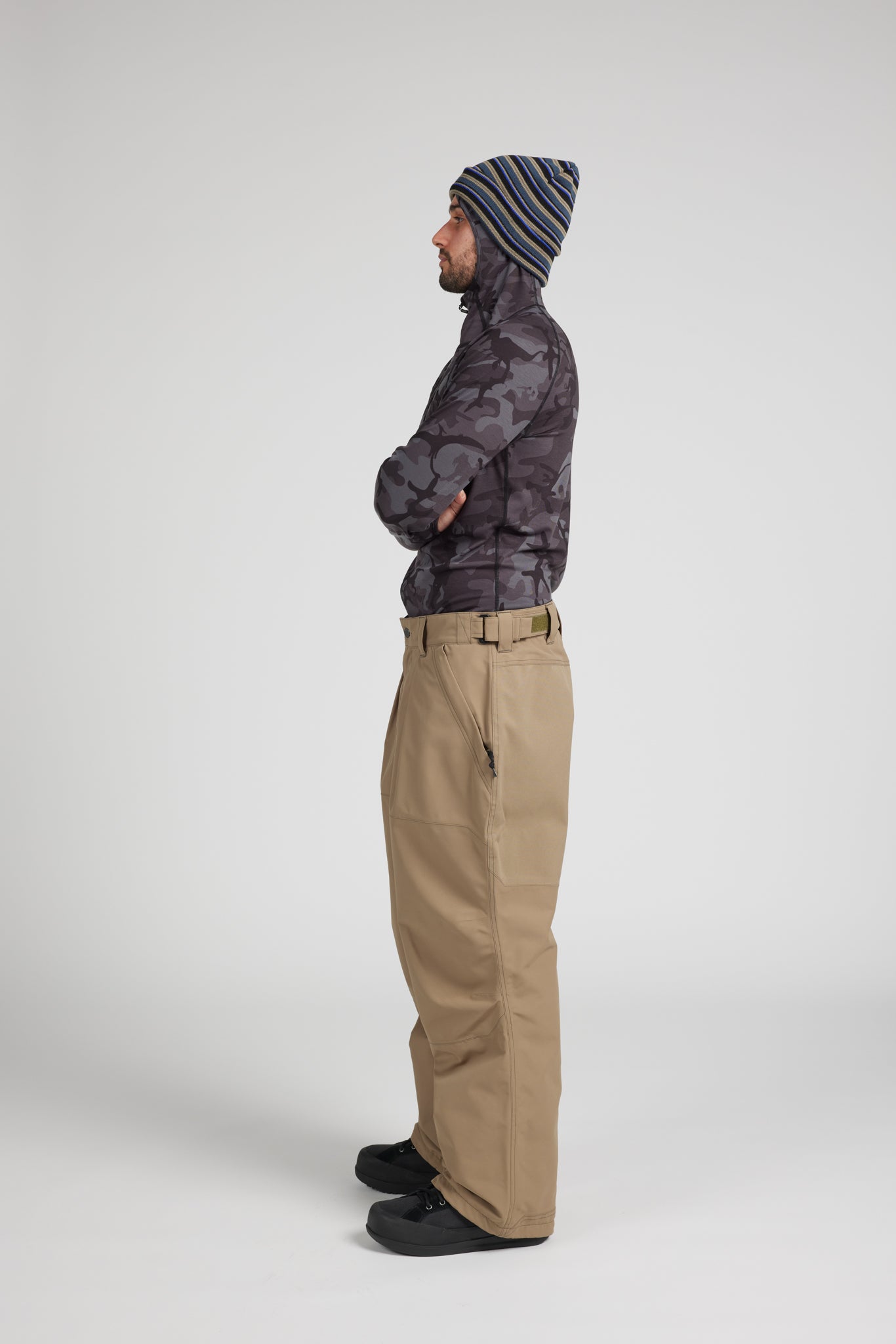 A man shown in profile wearing a dark camouflage hooded jacket, a striped knit beanie, tan snow pants, and black shoes, standing against a light gray studio background.
