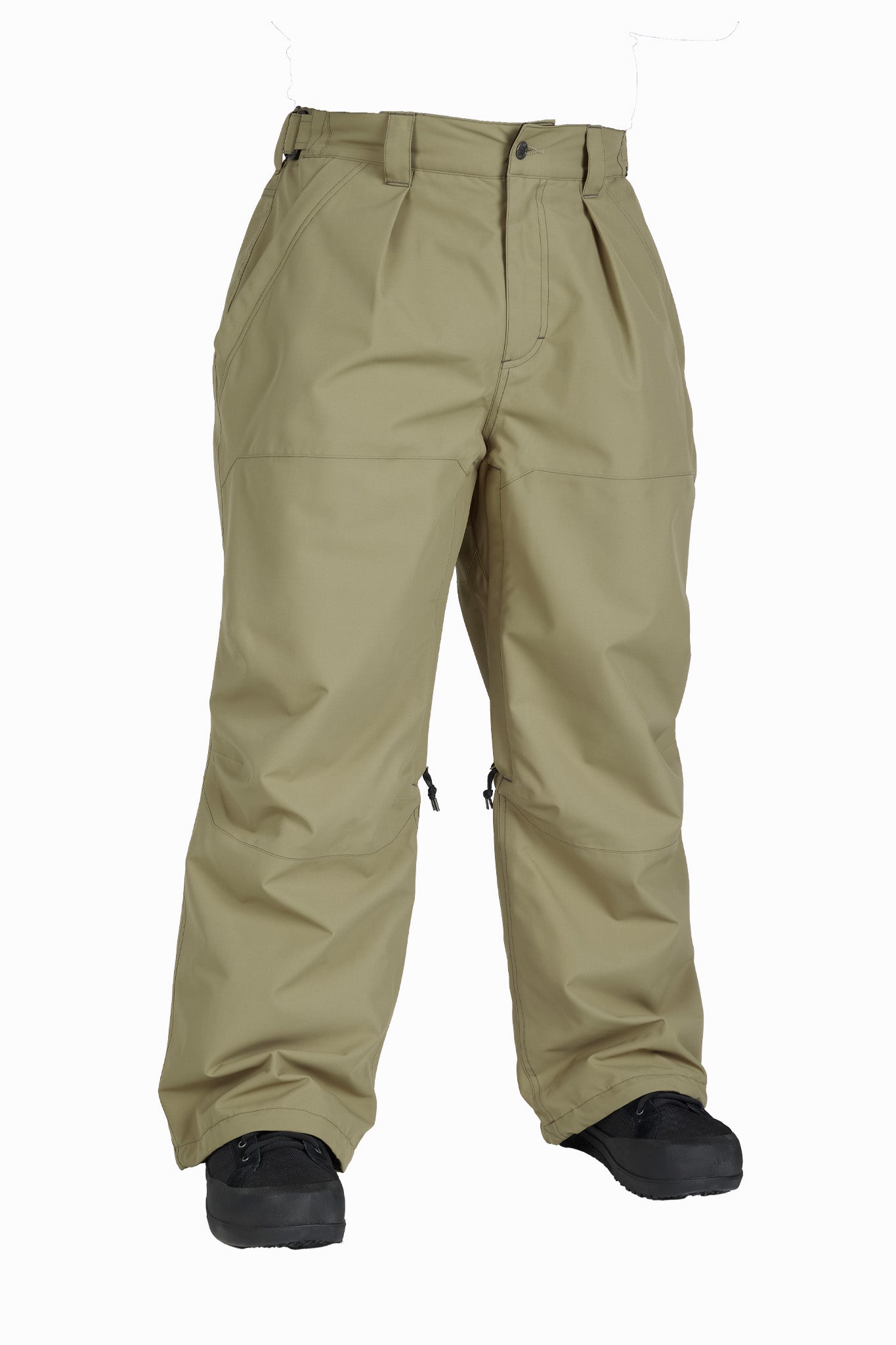 A pair of olive green snow pants with black snowboard boots, shown against a plain white background.