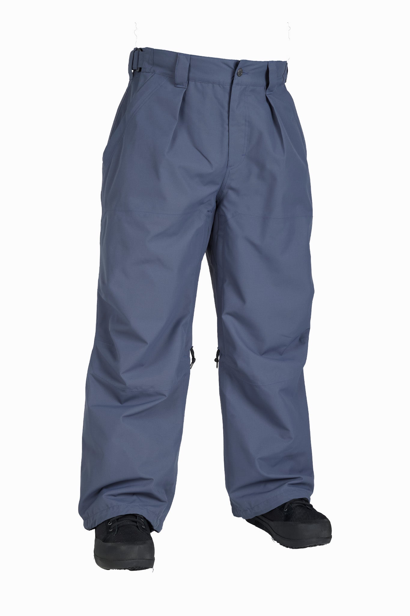 A pair of wide-leg blue snow pants with black snowboard boots, shown against a plain white background.