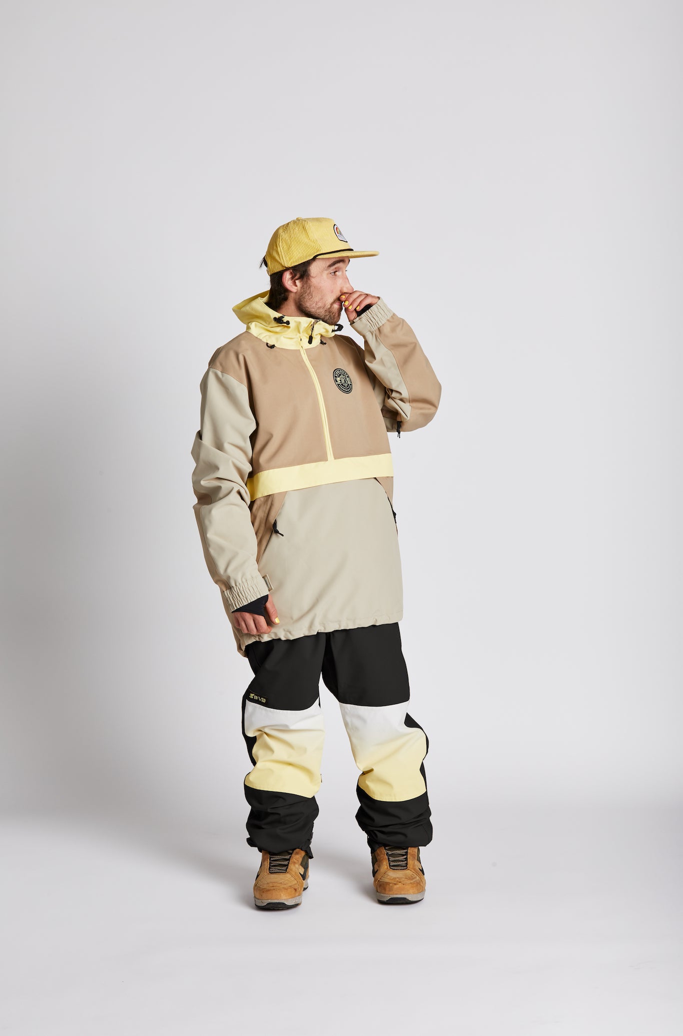 Model wearing mens snowboard pants