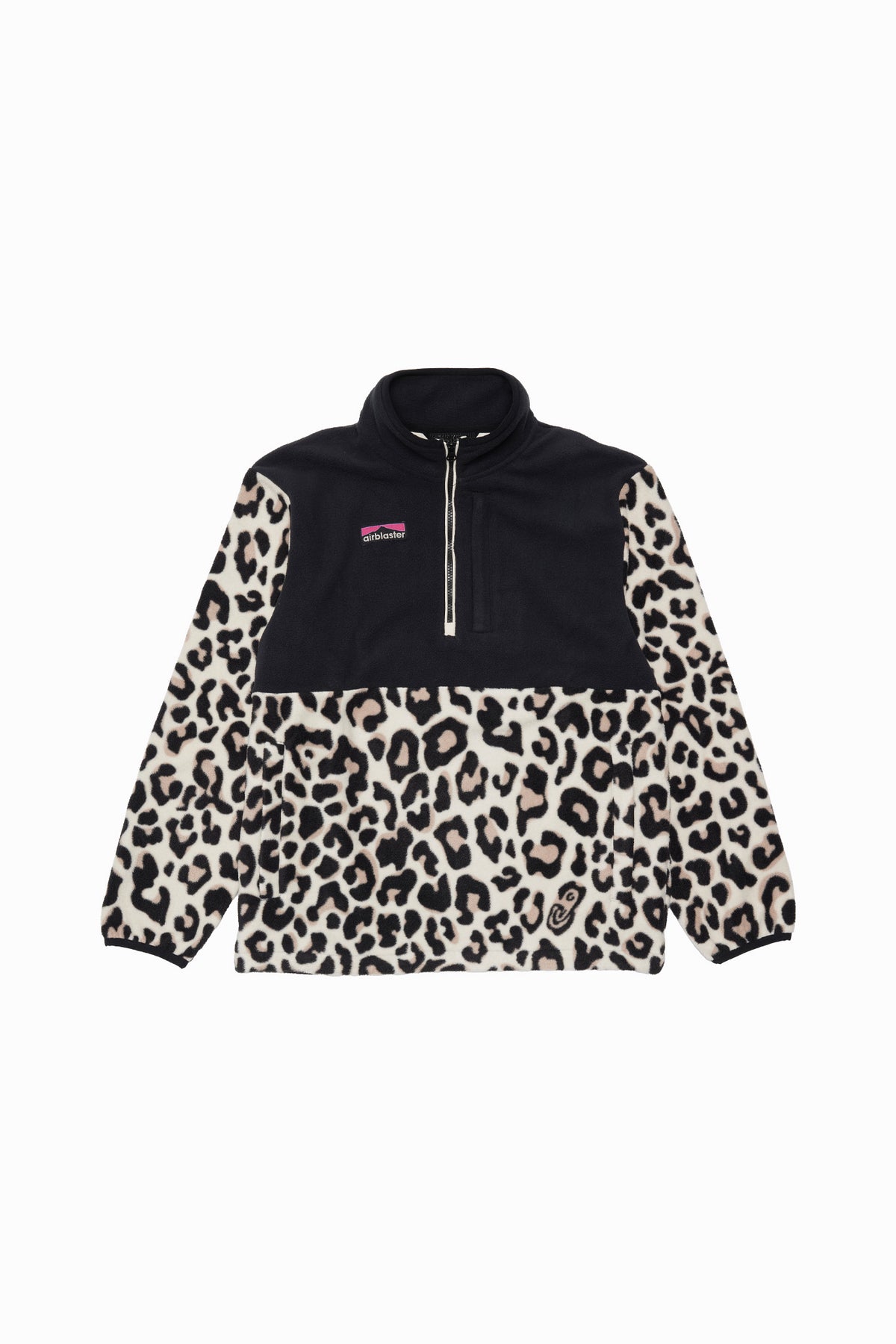 fleece jacket with white leopard print and small air blaster logo on the chest