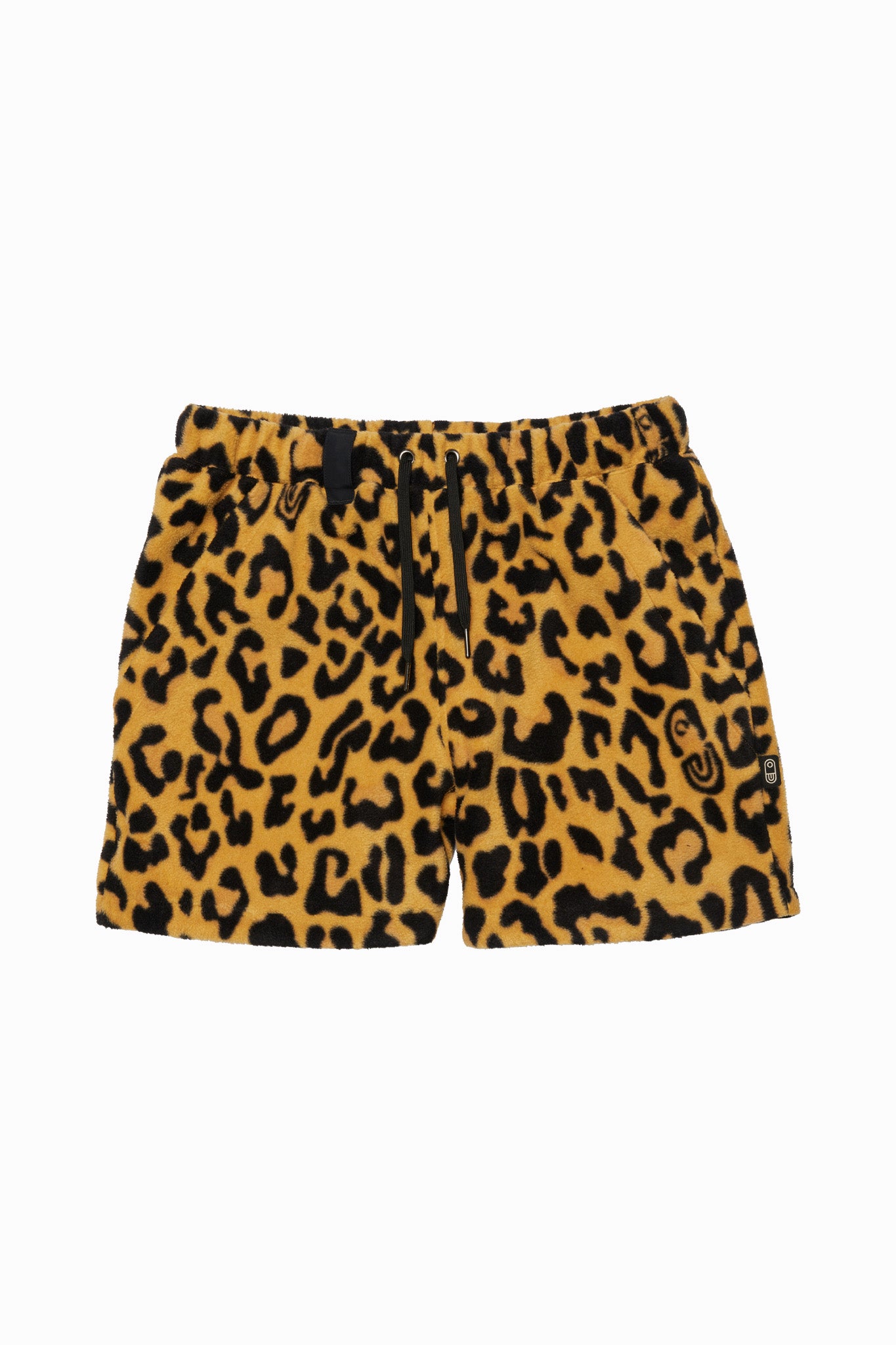 Yellow and black leopard print shorts with a drawstring waist, shown flat against a white background.