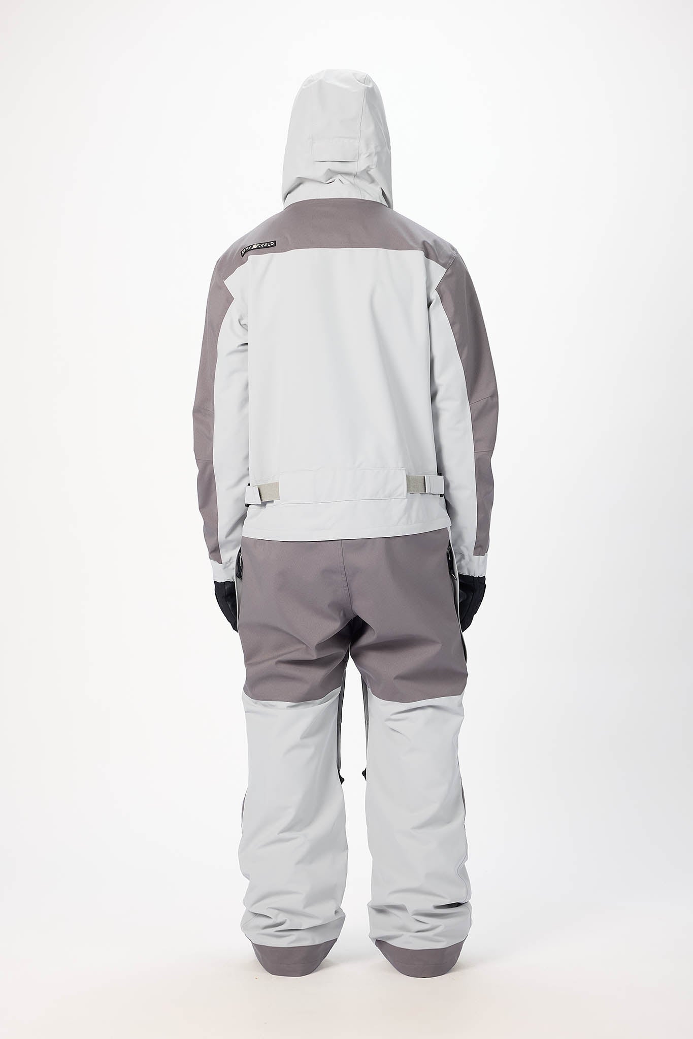 Gray and white snowsuit with hood on a white background
