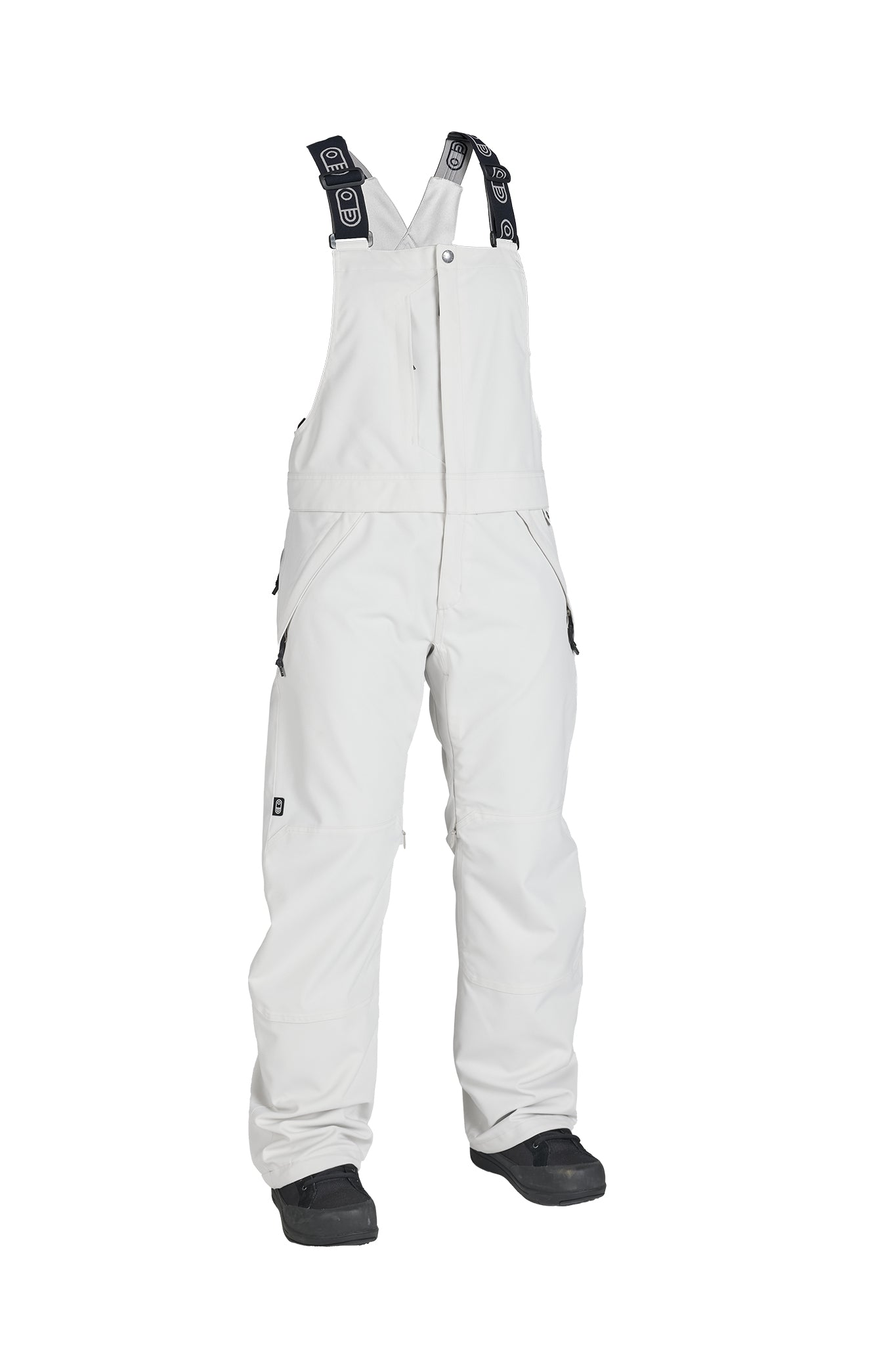 White snow bib pants with black adjustable shoulder straps and black boot covers, shown on a white background.