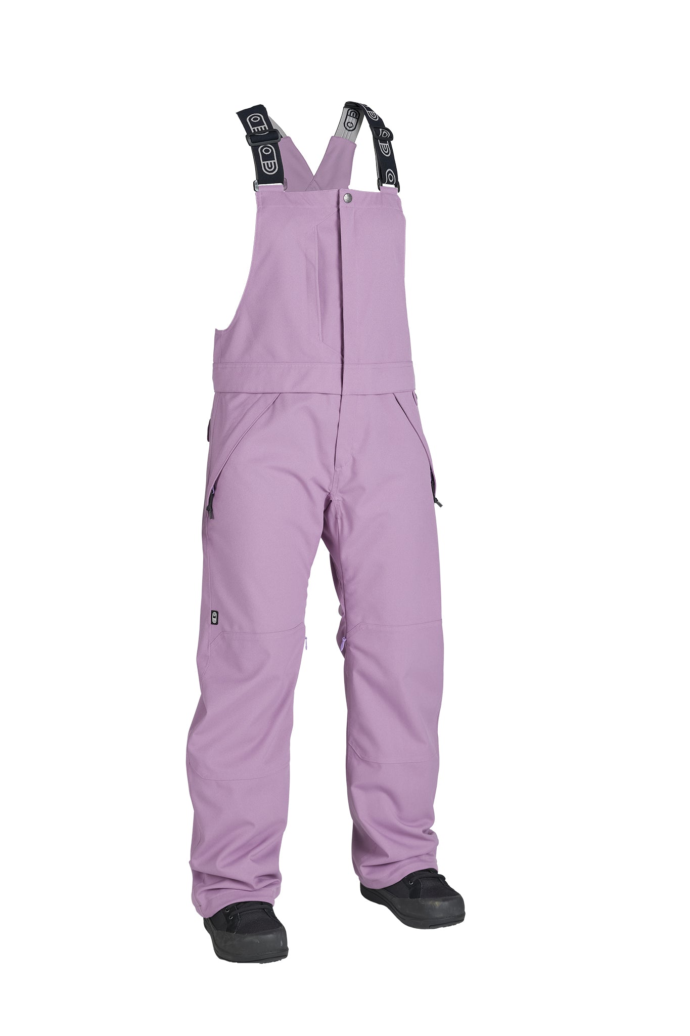 A pair of kids' snow bib pants in a dusty lavender purple color, featuring black adjustable shoulder straps with white branding and black snow boots shown on a white background.