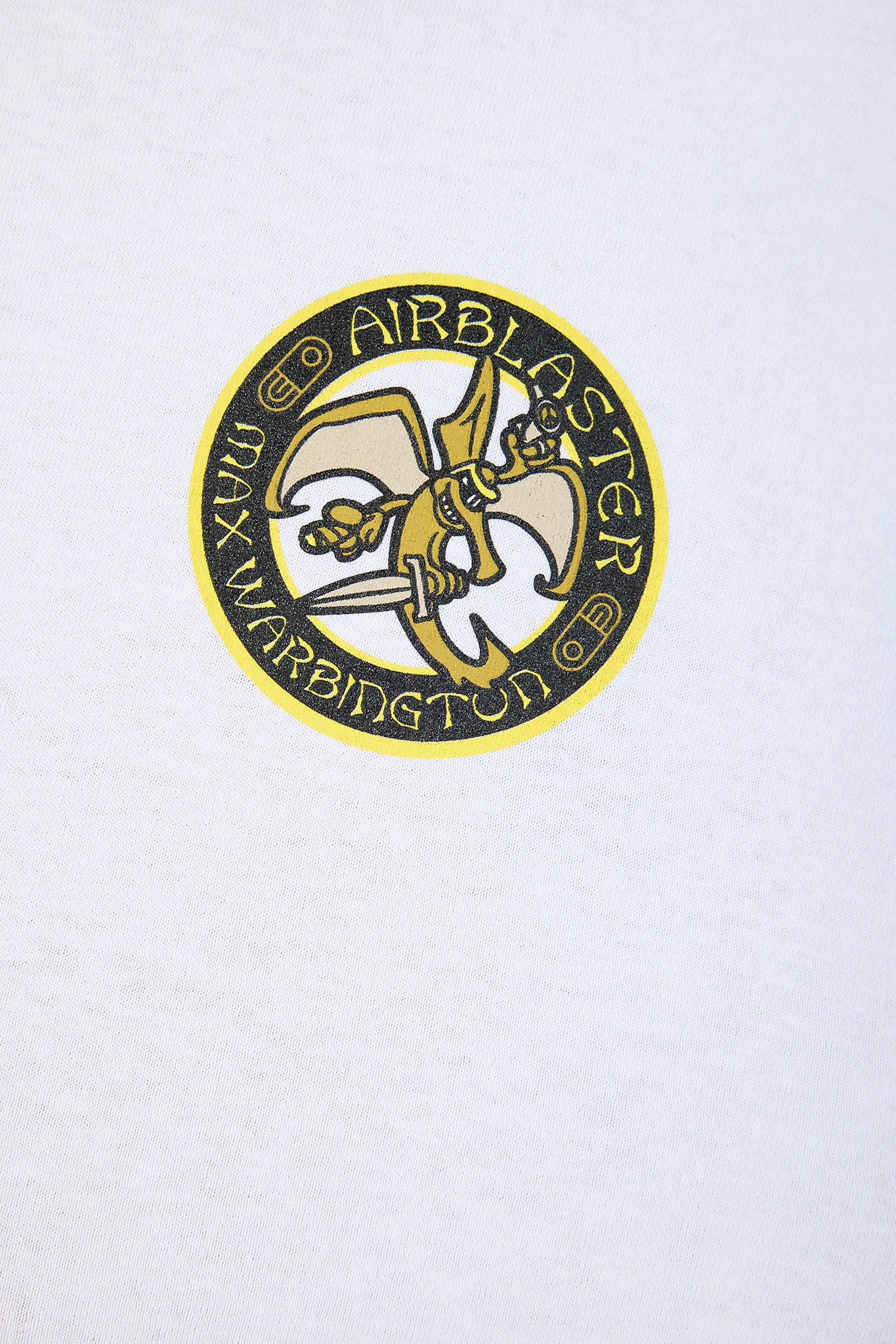 A circular yellow and black sticker featuring a stylized character with crossed swords and the text 'AIRBLASTER WARBINGTON' on a white background.