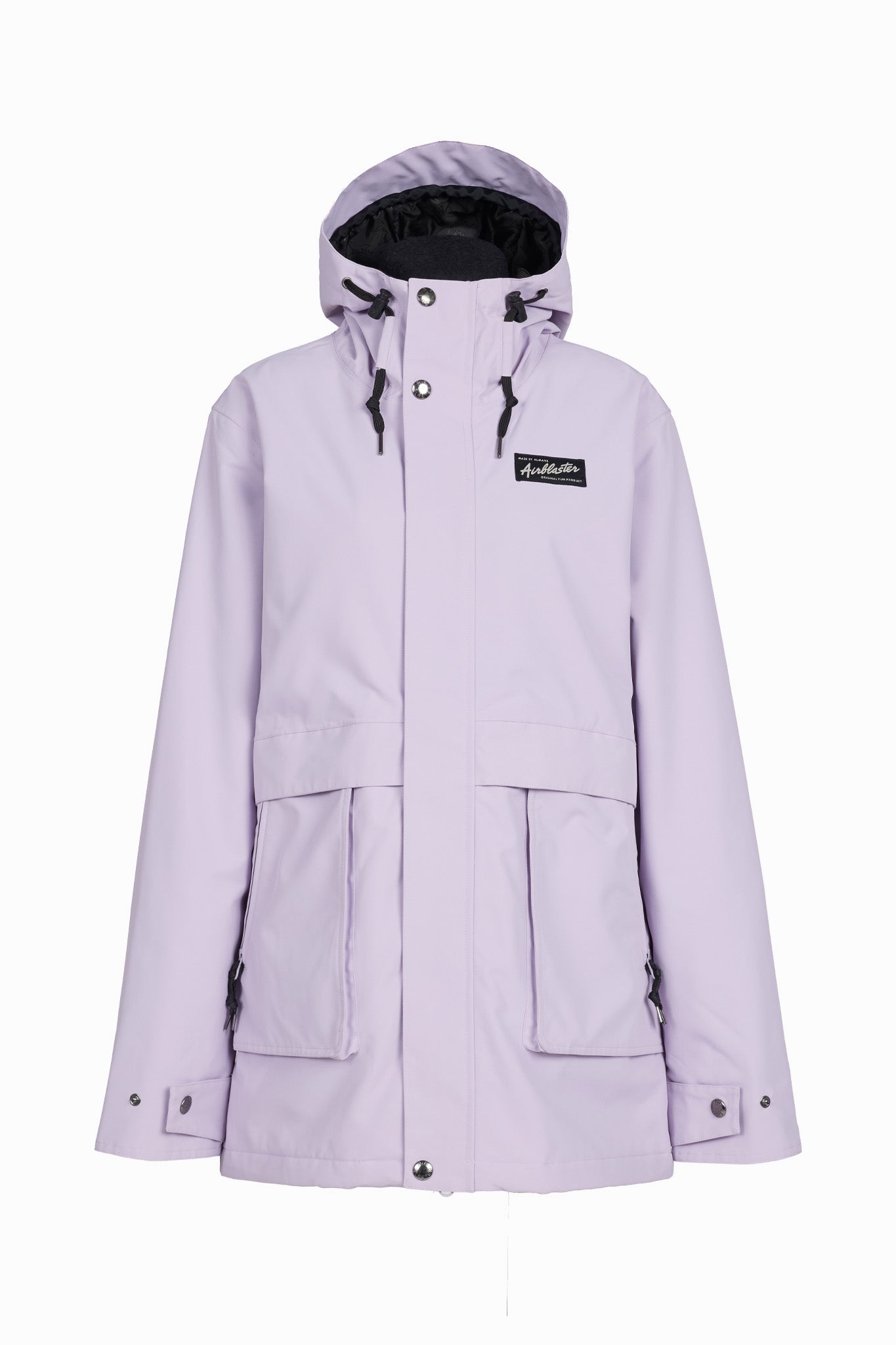 A light purple hooded jacket with a black interior lining and a small black brand patch on the left chest, displayed against a solid white background.