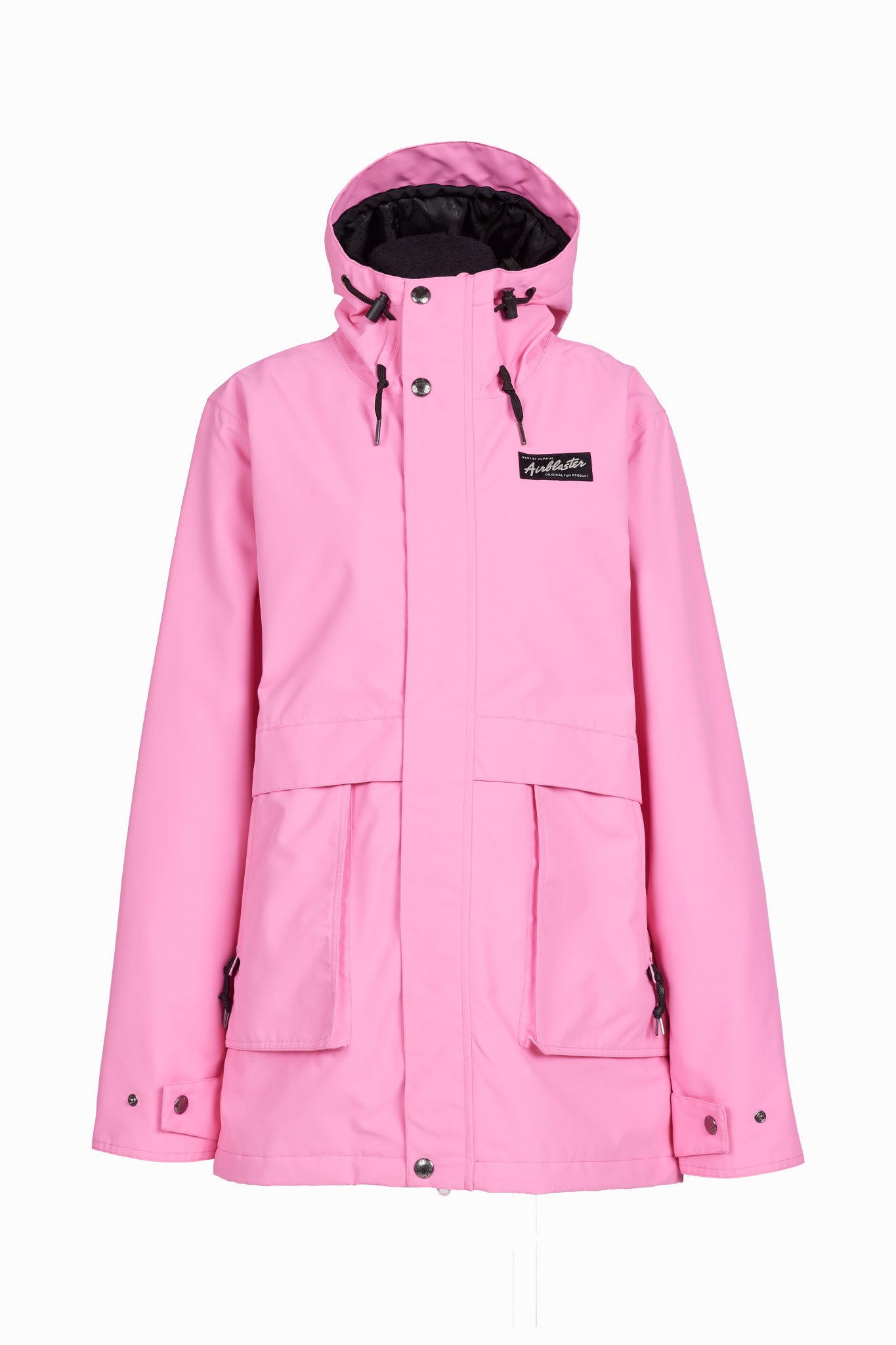 A bright pink hooded jacket with a black-lined hood, black drawstrings, and a small black brand patch on the left chest, displayed against a solid white background.