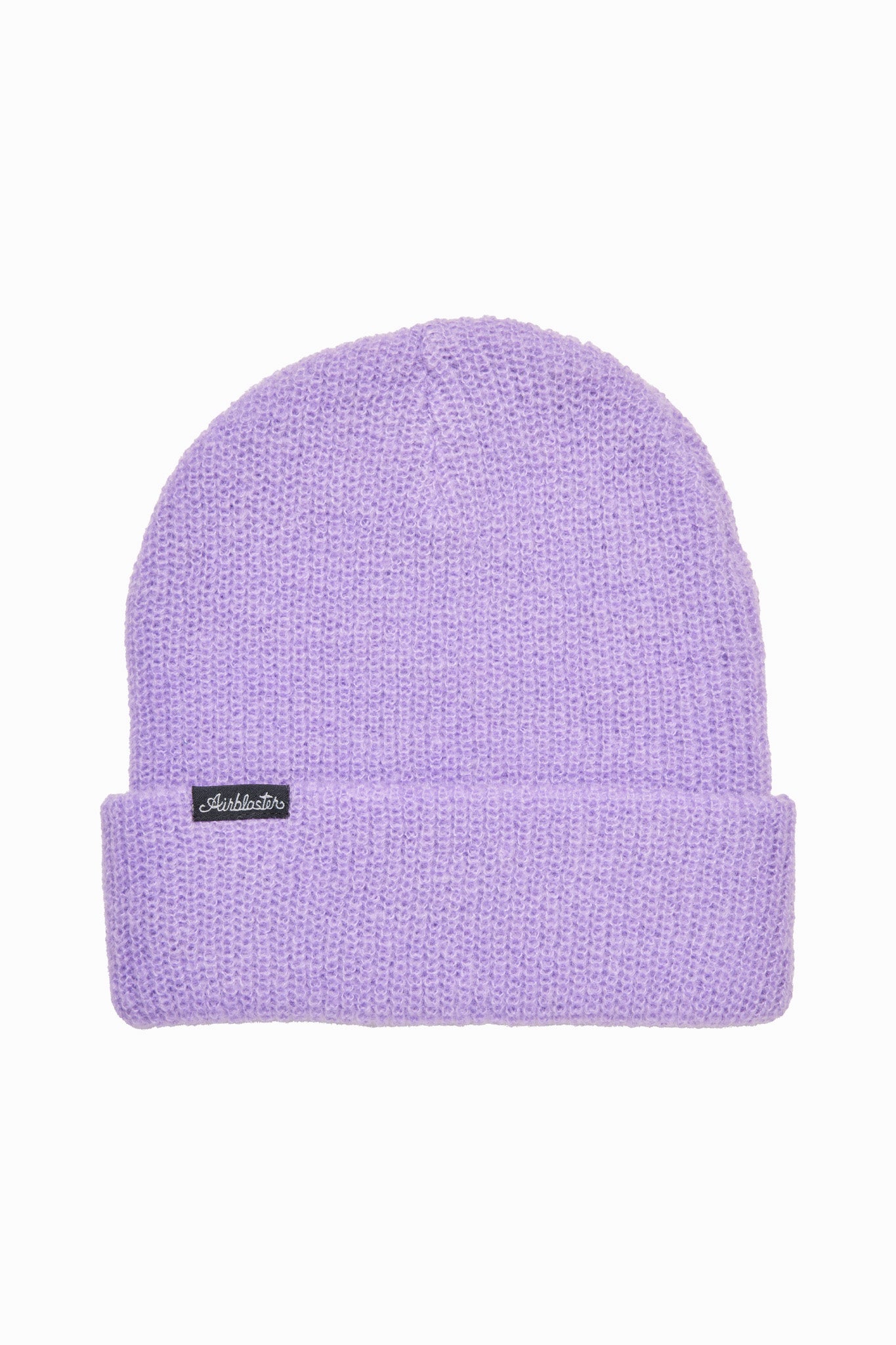 A light purple knit beanie hat with a folded cuff and a small black brand tag on the front, shown against a plain white background.