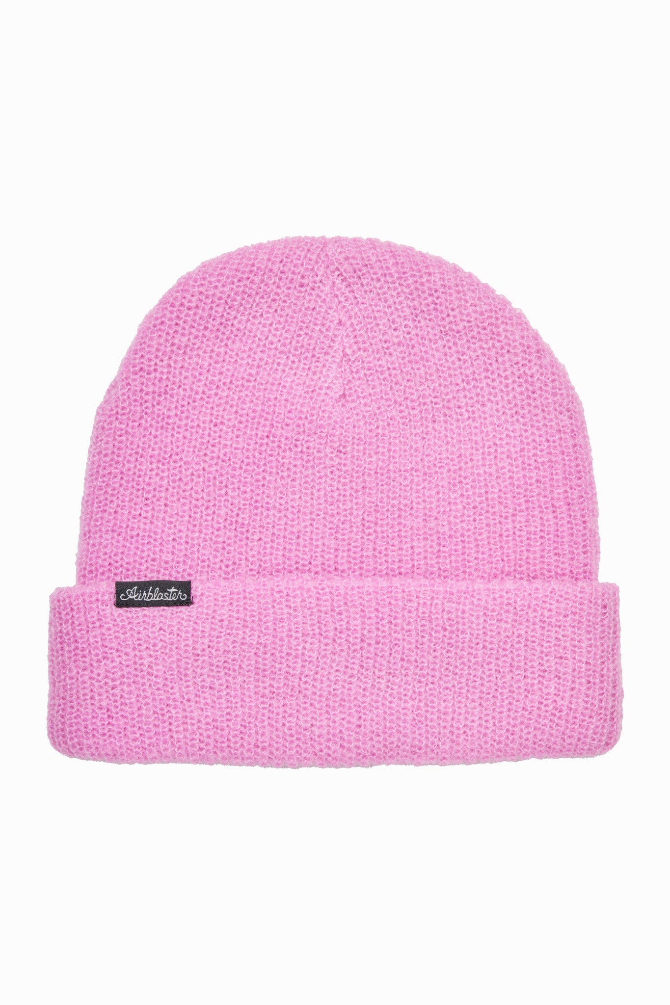 A pink knit beanie hat with a folded cuff and a small black brand tag on the side, shown against a plain white background.