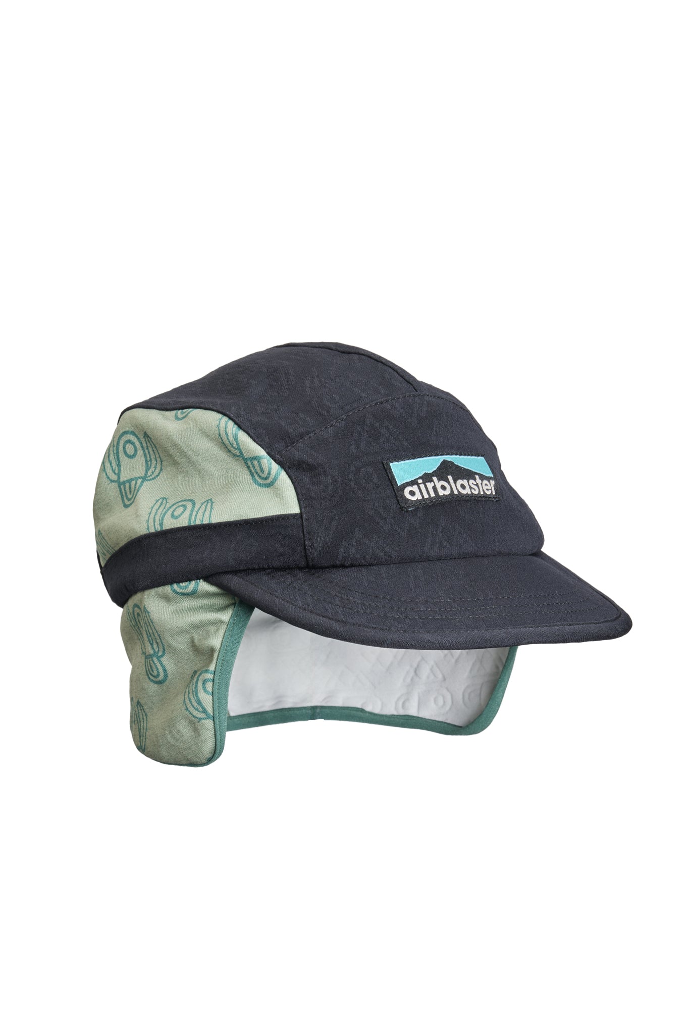 A 5 panel with integrated ear flaps, featuring a dark charcoal gray crown, a light sage green patterned fabric on the ear flap, and a white logo patch on the front.