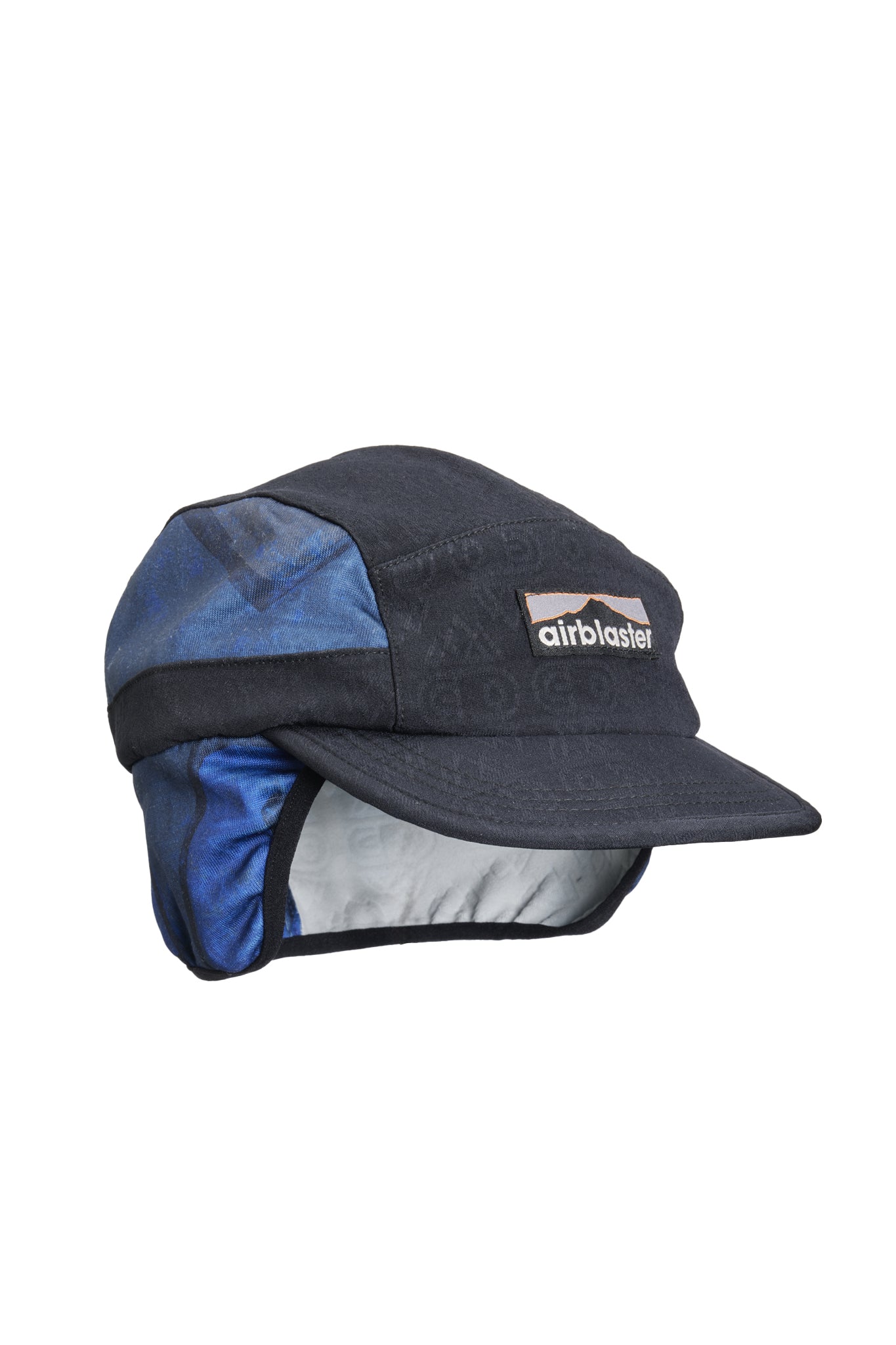 A dark navy blue Airblaster winter cap with attached ear flaps, featuring blue mesh side panels and a white embroidered Airblaster logo on the front.
