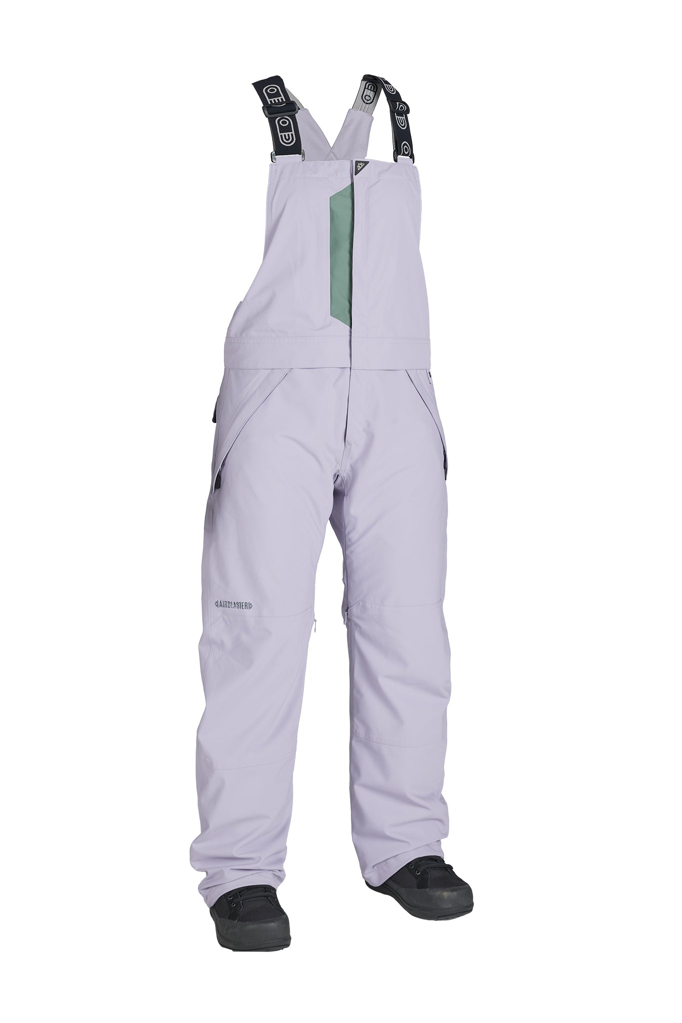 A pair of light lavender snow bib pants with black adjustable shoulder straps, a vertical green accent panel on the chest, and black snow boots shown on a white background.