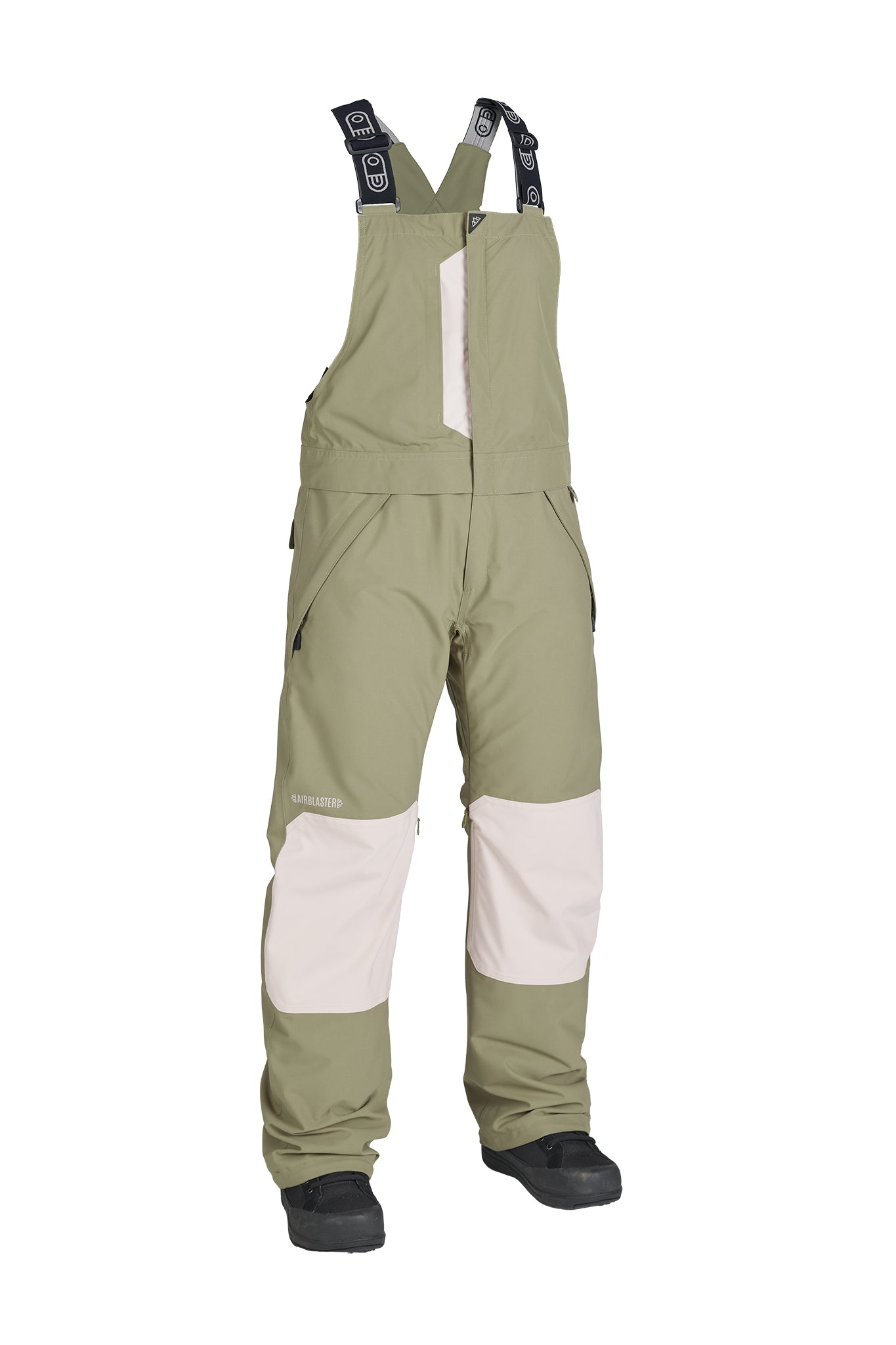 A pair of ski bib pants in olive green with contrasting cream knee panels and black foot covers, shown against a plain white background.