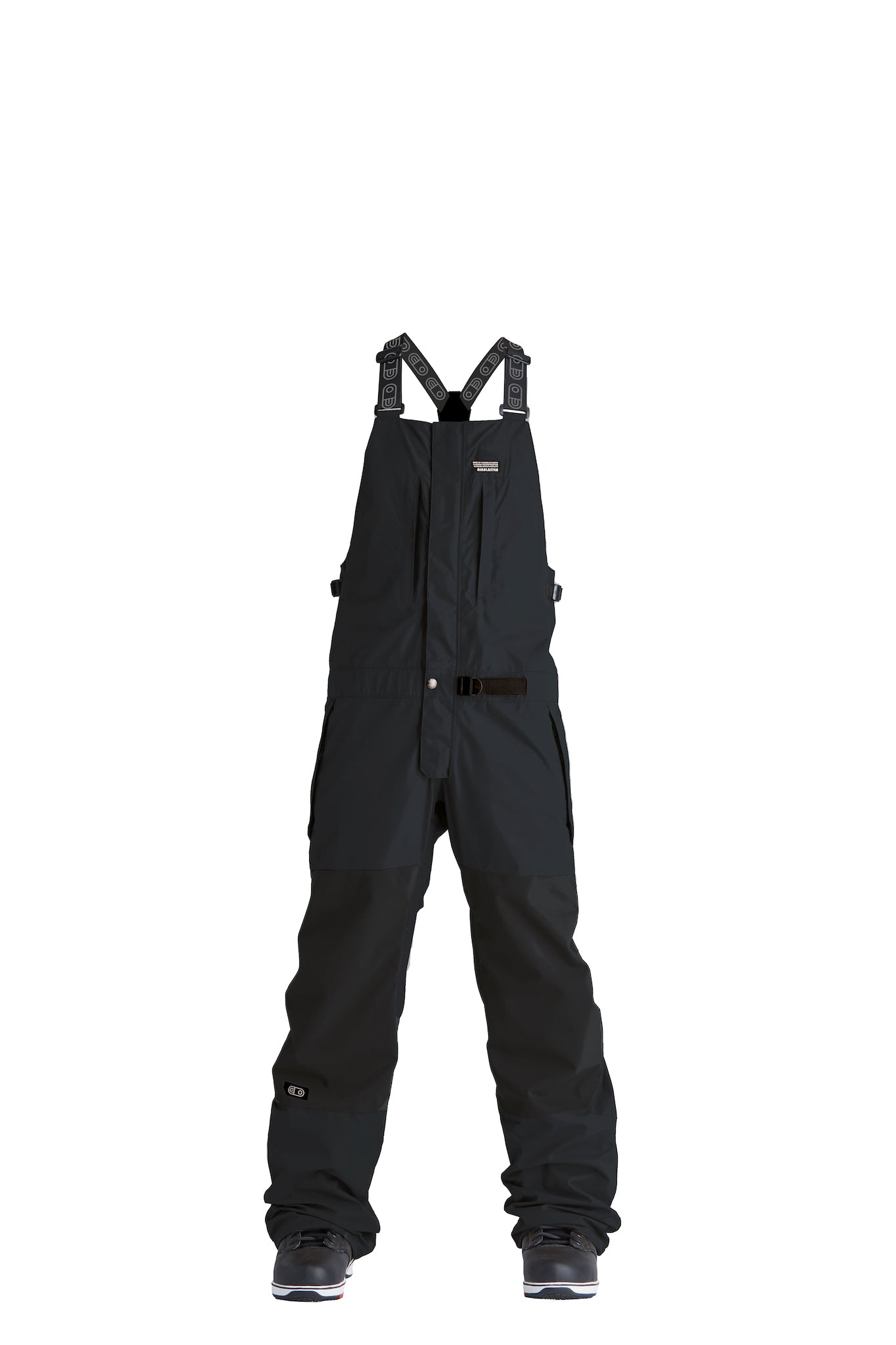 Black snow pants with black suspenders on a white background