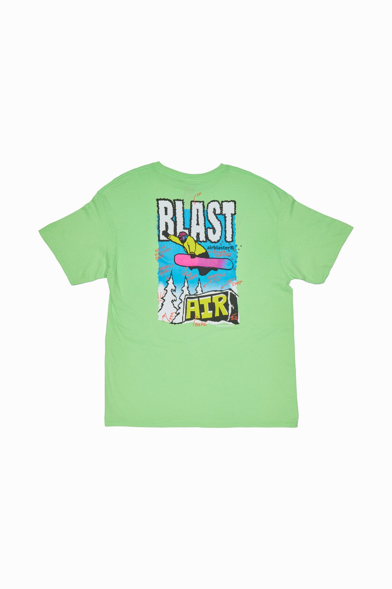 A light green short-sleeve t-shirt with a colorful graphic print on the front featuring a snowboarder illustration, displayed against a plain white background.