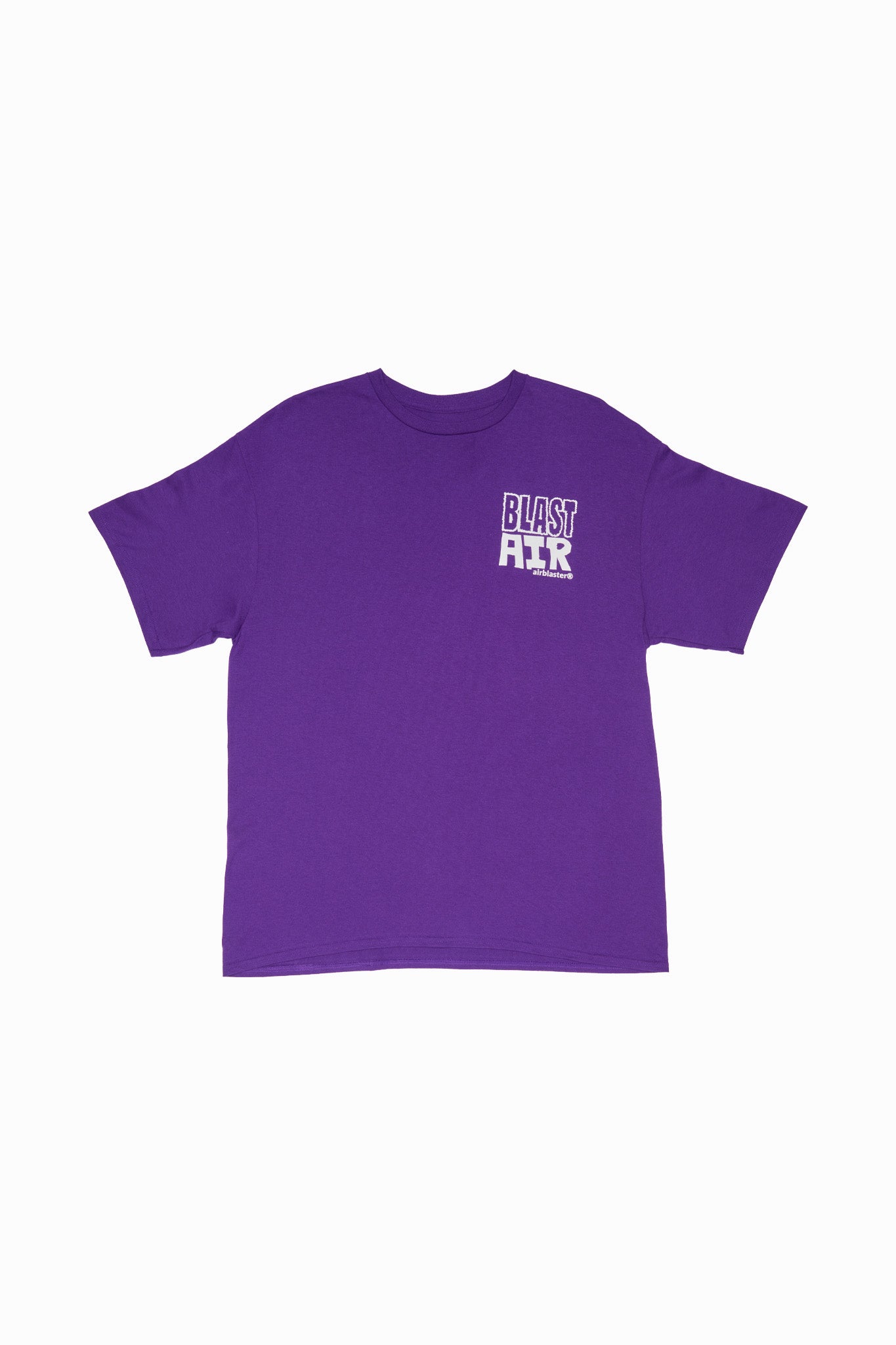 A purple short-sleeve crewneck t-shirt with a white graphic print on the left chest reading 'BLAST AIR', displayed flat against a solid white background.