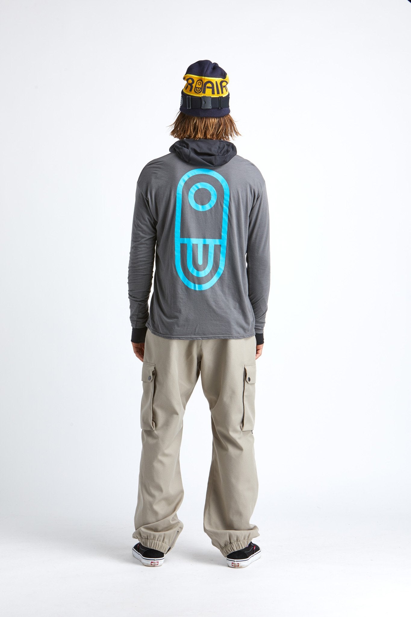 Model wearing mens long sleeve t-shirt