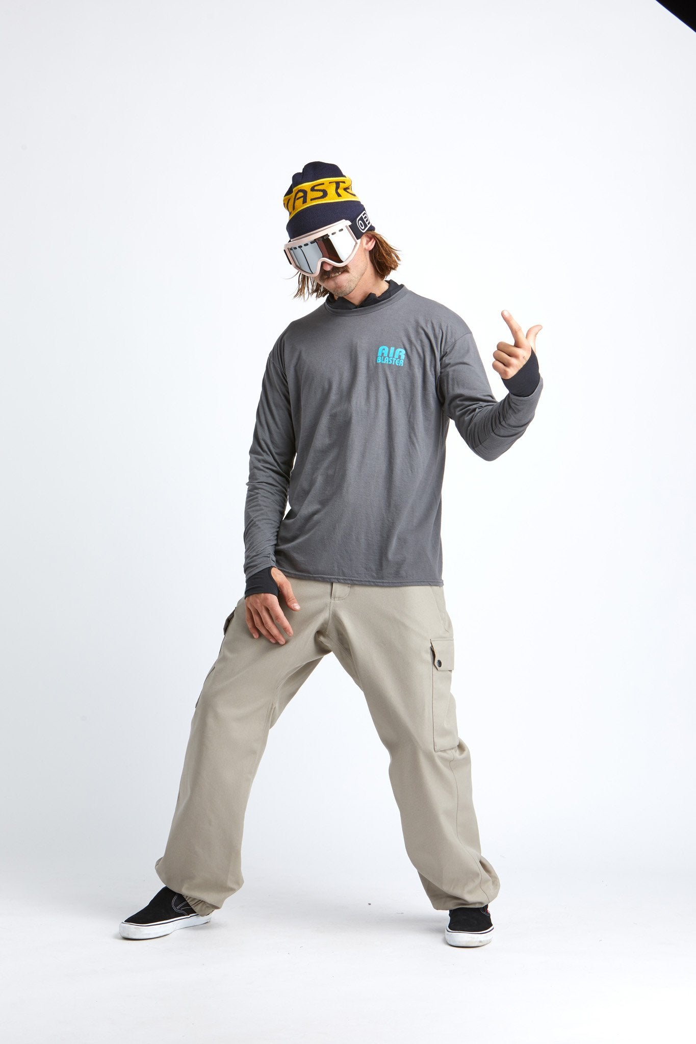 Model wearing mens long sleeve t-shirt