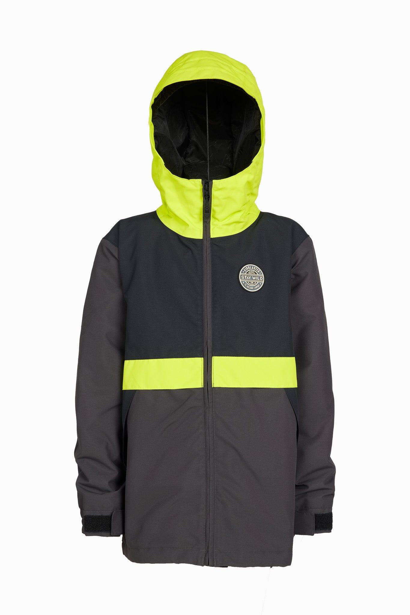 A dark gray hooded jacket with a bright neon yellow-green hood lining and a matching horizontal reflective stripe across the chest, shown on a plain white background.