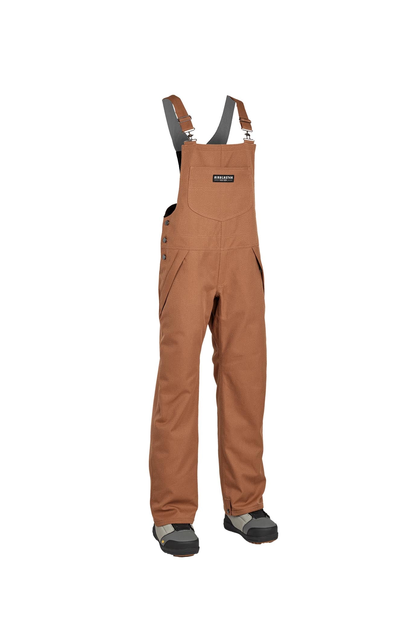 mocha bib overalls on a white background