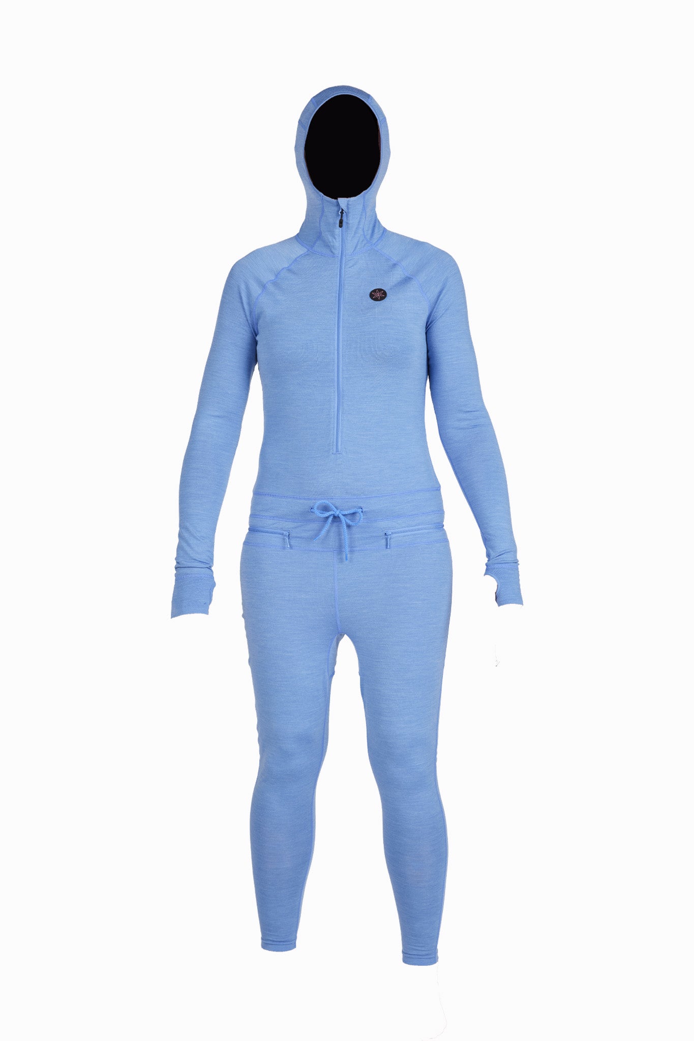 A light blue one-piece hooded zip-up tracksuit displayed on a headless mannequin against a plain white background.