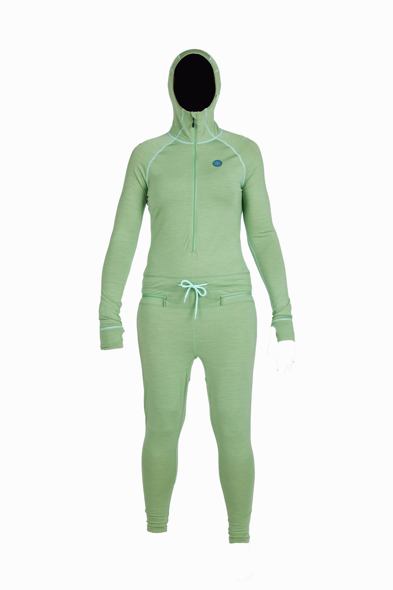 A light green full-body hooded tracksuit displayed on a mannequin against a plain white background. The set includes a long-sleeve zip-front hooded top with light aqua piping and a small blue chest logo, paired with matching fitted pants featuring a light aqua drawstring.