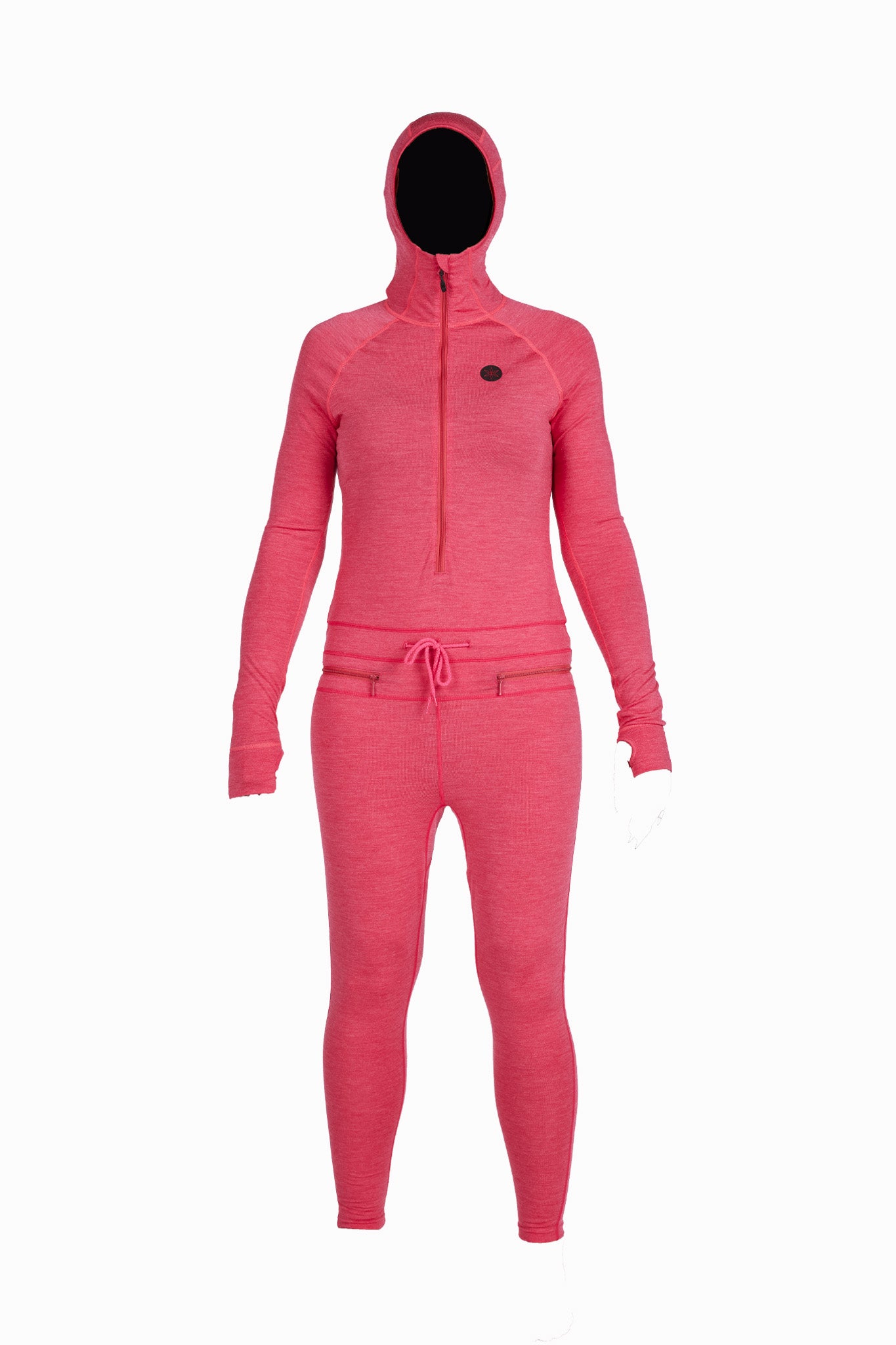 A bright pink two-piece tracksuit featuring a long-sleeve half-zip hoodie with a drawstring hood and matching full-length leggings, displayed on a ghost mannequin against a plain white background.
