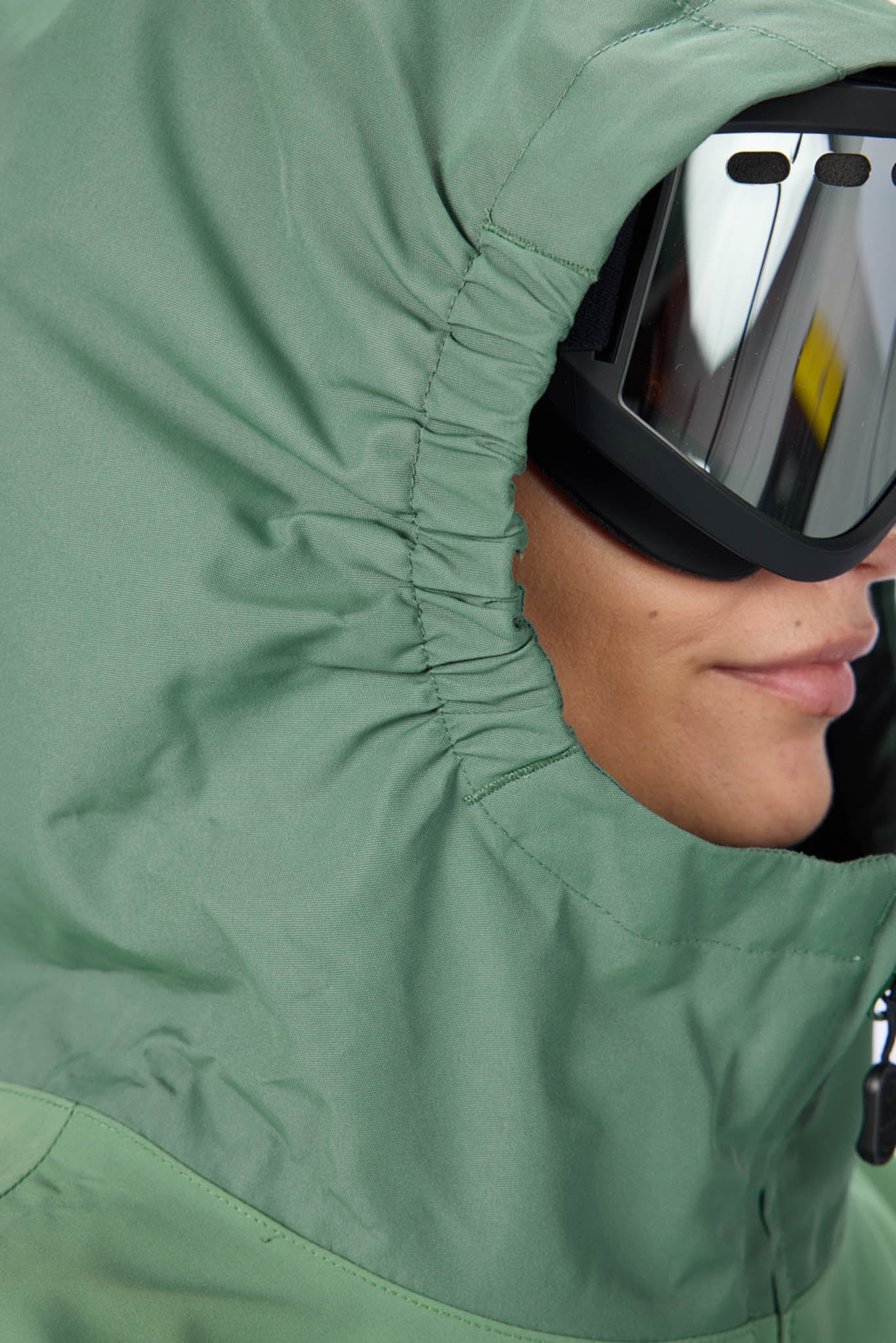 Person wearing a green hooded jacket with reflective goggles.