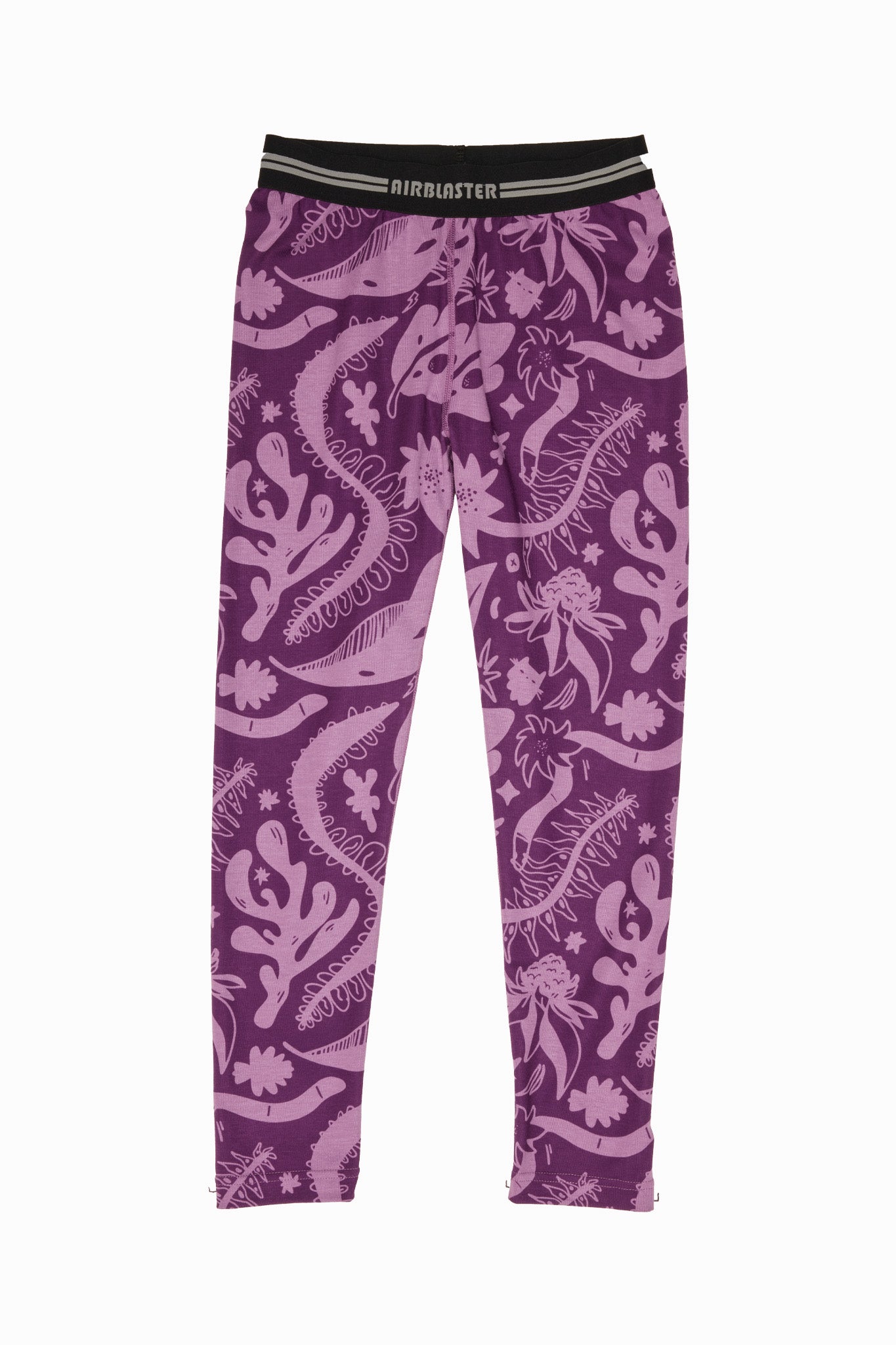 Purple leggings with a pink sea life pattern of seahorses, starfish, and coral, featuring a black waistband with the brand name 'AIRBLASTER' in white.