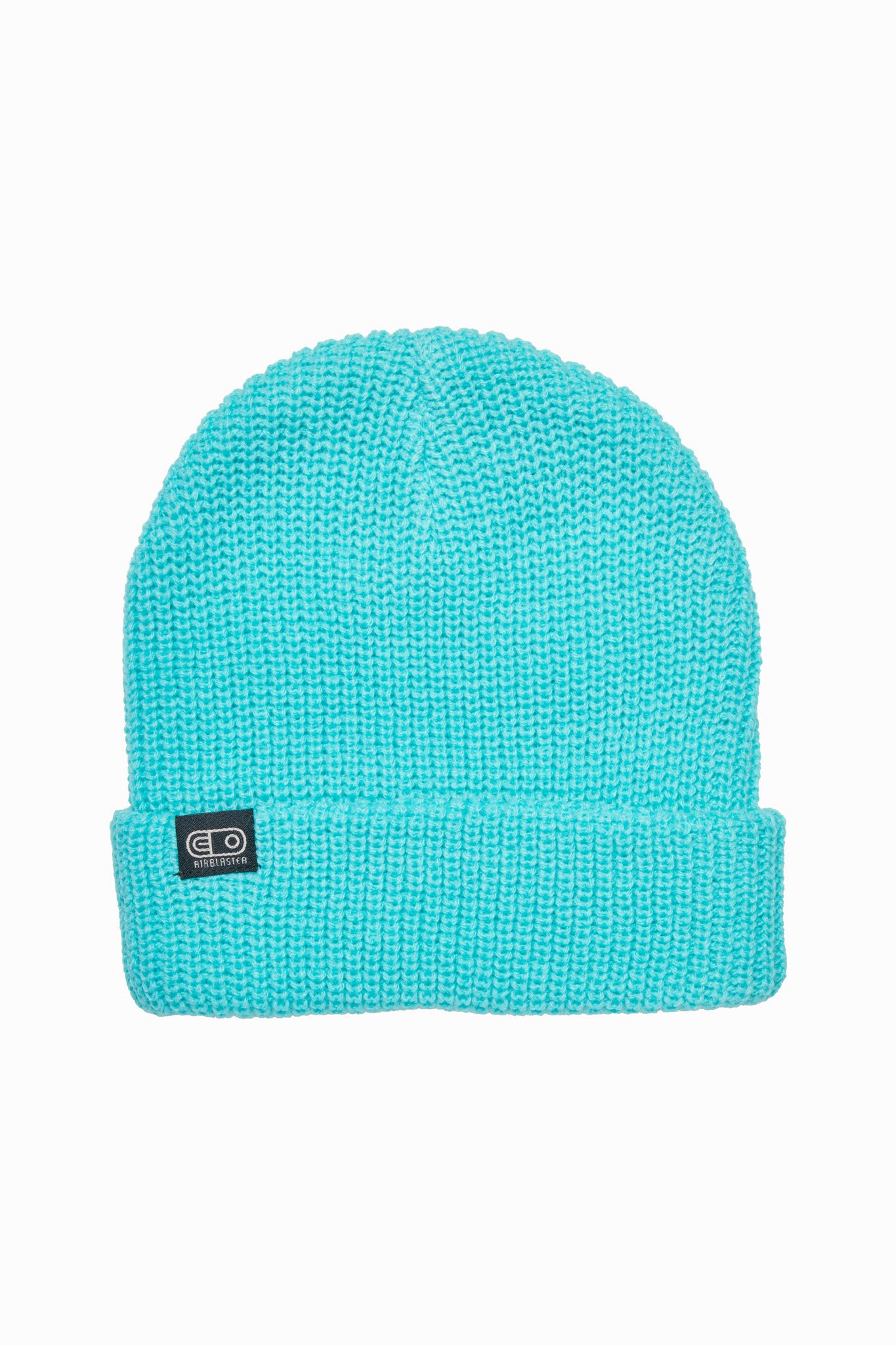 A bright turquoise knit beanie hat with a folded cuff and a small black brand patch on the front, shown against a plain white background.