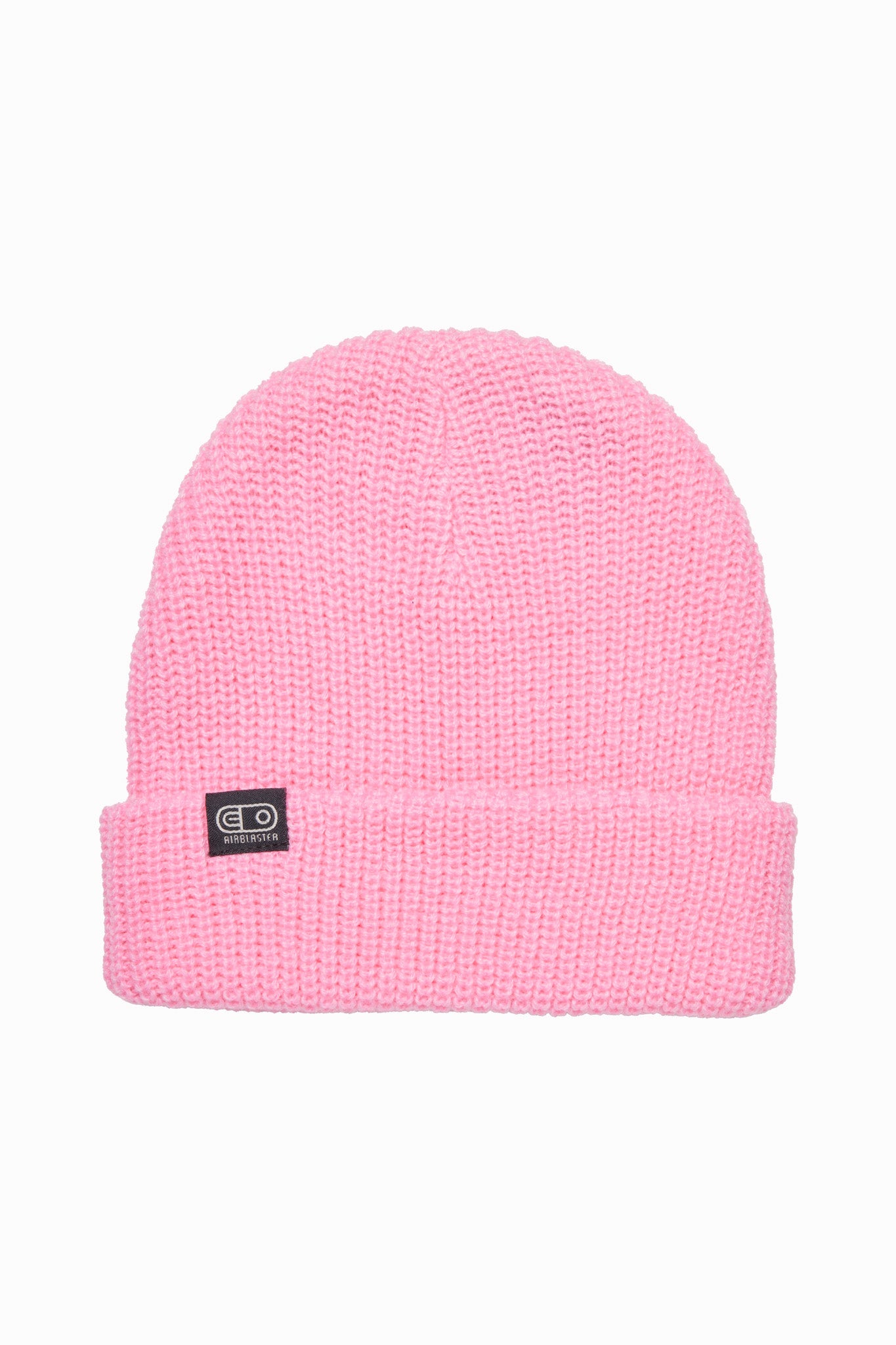 A light pink ribbed knit beanie hat with a folded cuff and a small black square logo patch on the front, shown against a plain white background.