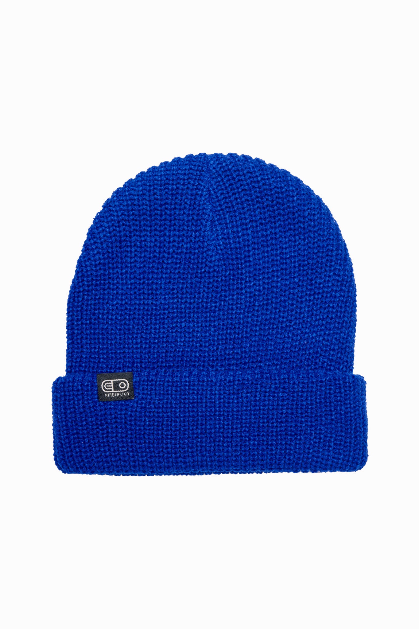 A bright royal blue ribbed knit beanie hat with a folded cuff, featuring a small black square logo patch on the front.