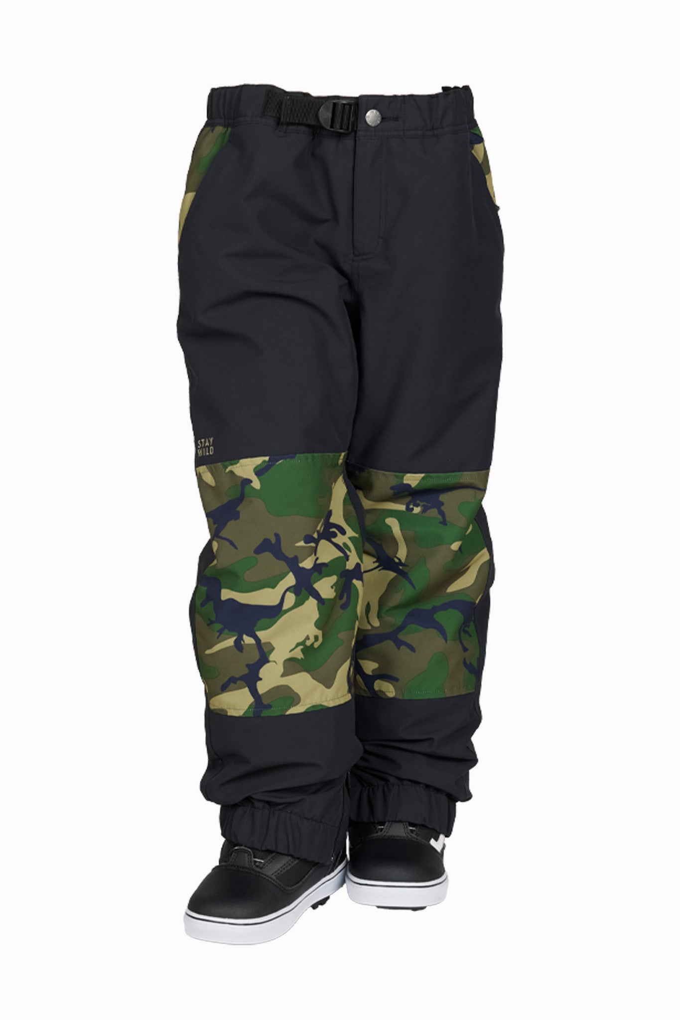 Black and camouflage snow pants with a green, brown, and black camo pattern on the lower legs, shown on a white background with black snow boots.