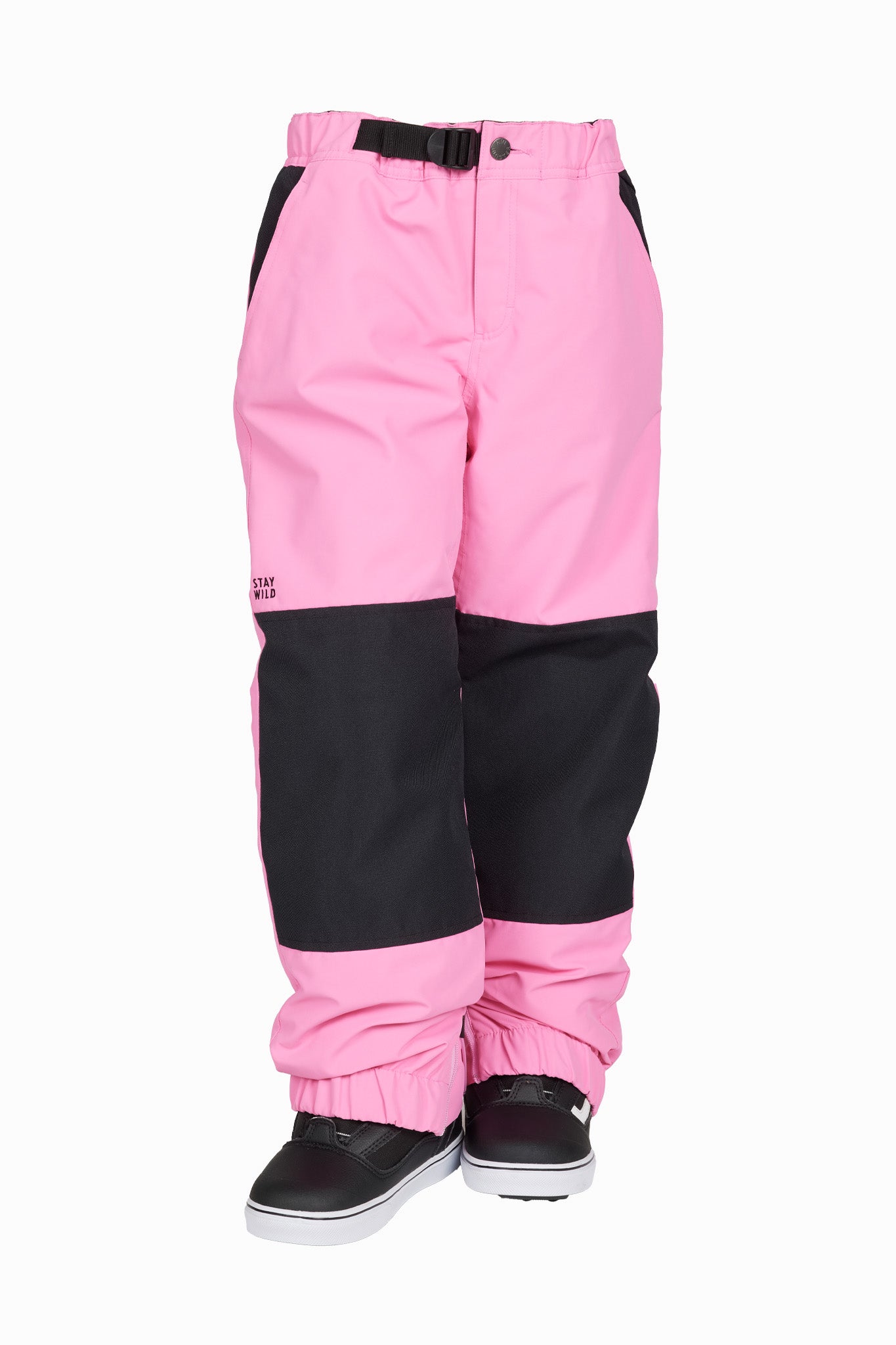 Pink and black colorblock snow pants with a black buckle waist, shown on a white background with black snow boots.