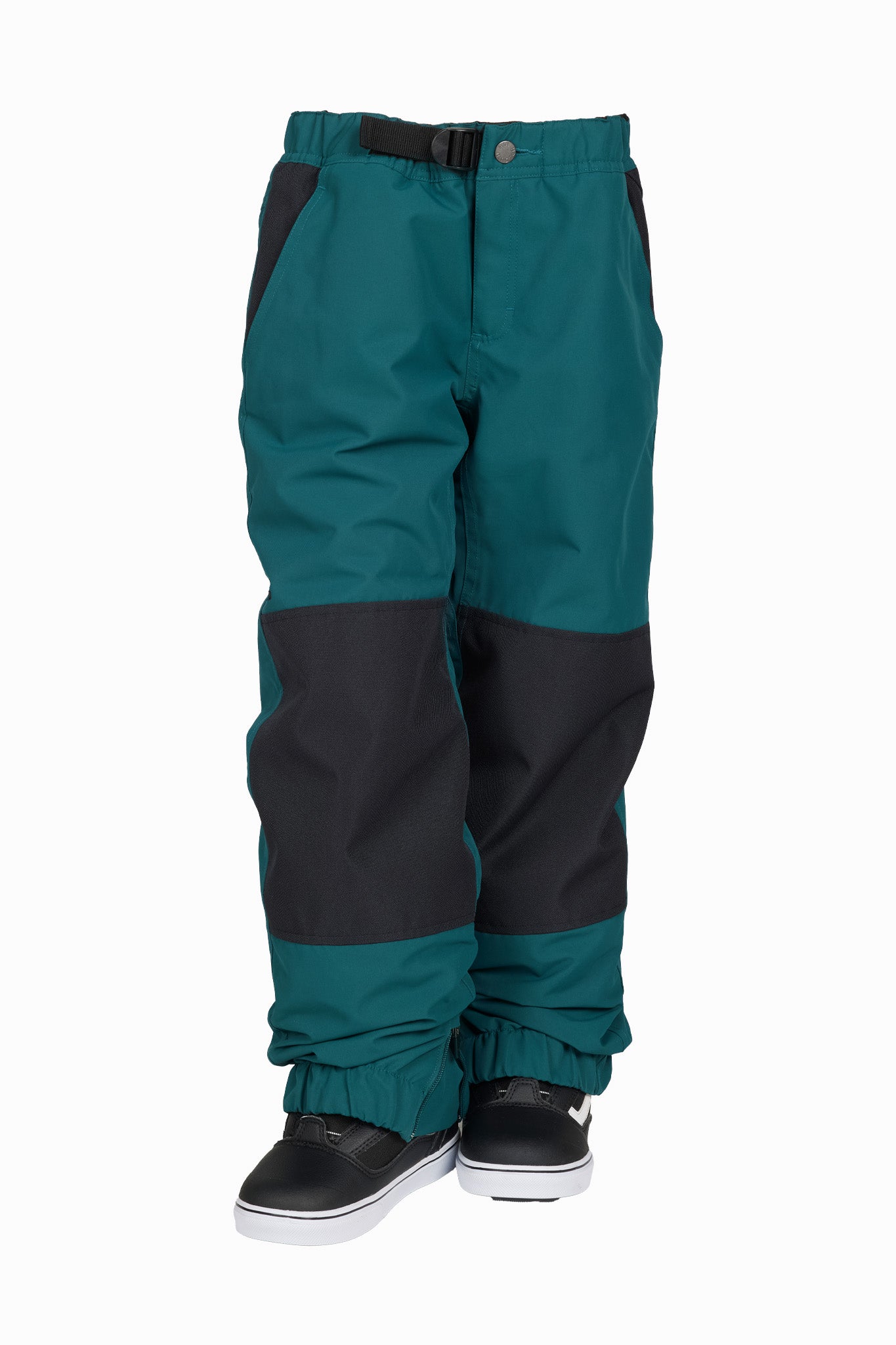 A pair of kids' snow pants in teal green and black, shown from the waist down on a white background with black snow boots.