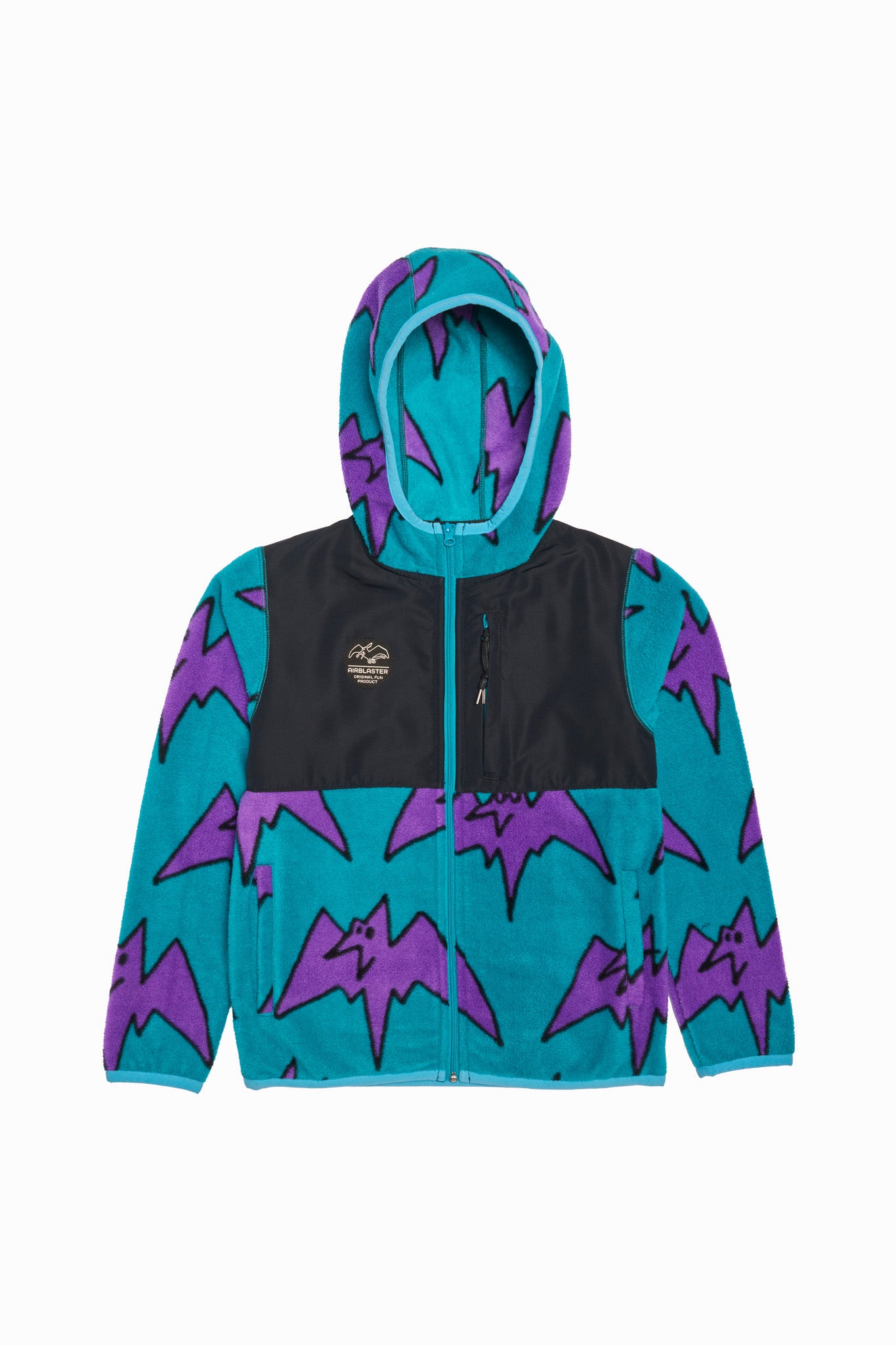 A hooded zip-up fleece jacket featuring a bright teal body with purple mountain-climber patterns, a black chest panel, and a small circular logo patch on the left chest, shown against a plain white background.