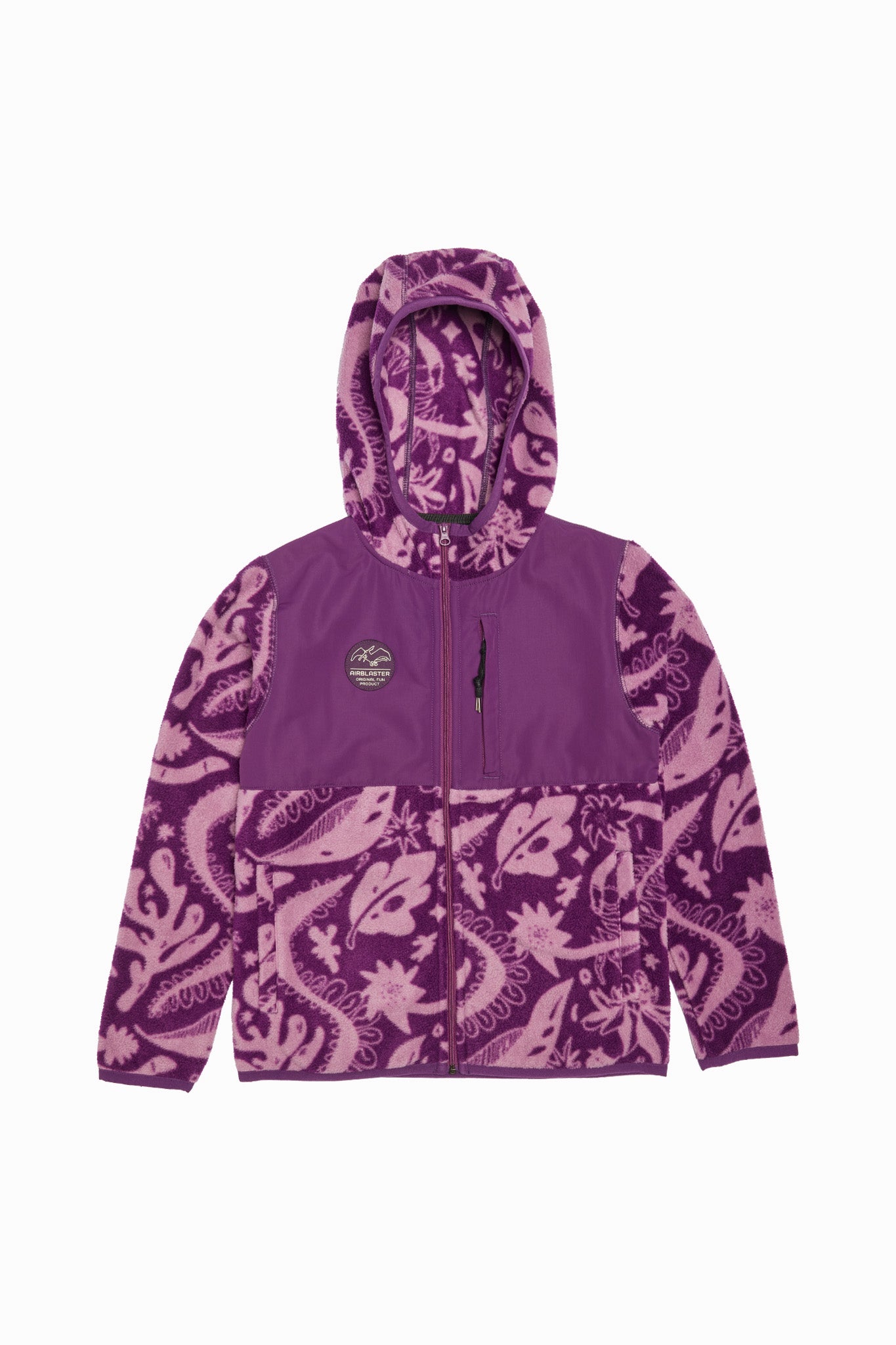 A purple hooded jacket with a pink and purple abstract patterned design on the lower body and sleeves, featuring a front zipper and a circular chest patch, shown against a plain white background.