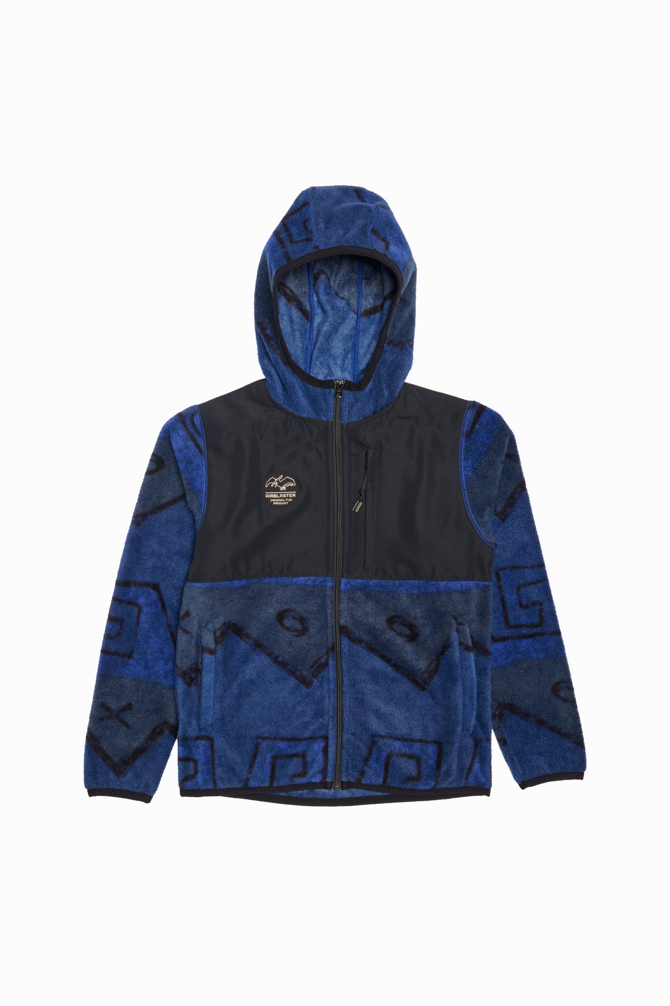 A hooded zip-up jacket with a color-blocked design featuring a black upper chest and a blue patterned fleece lower body and sleeves, shown against a plain white background.
