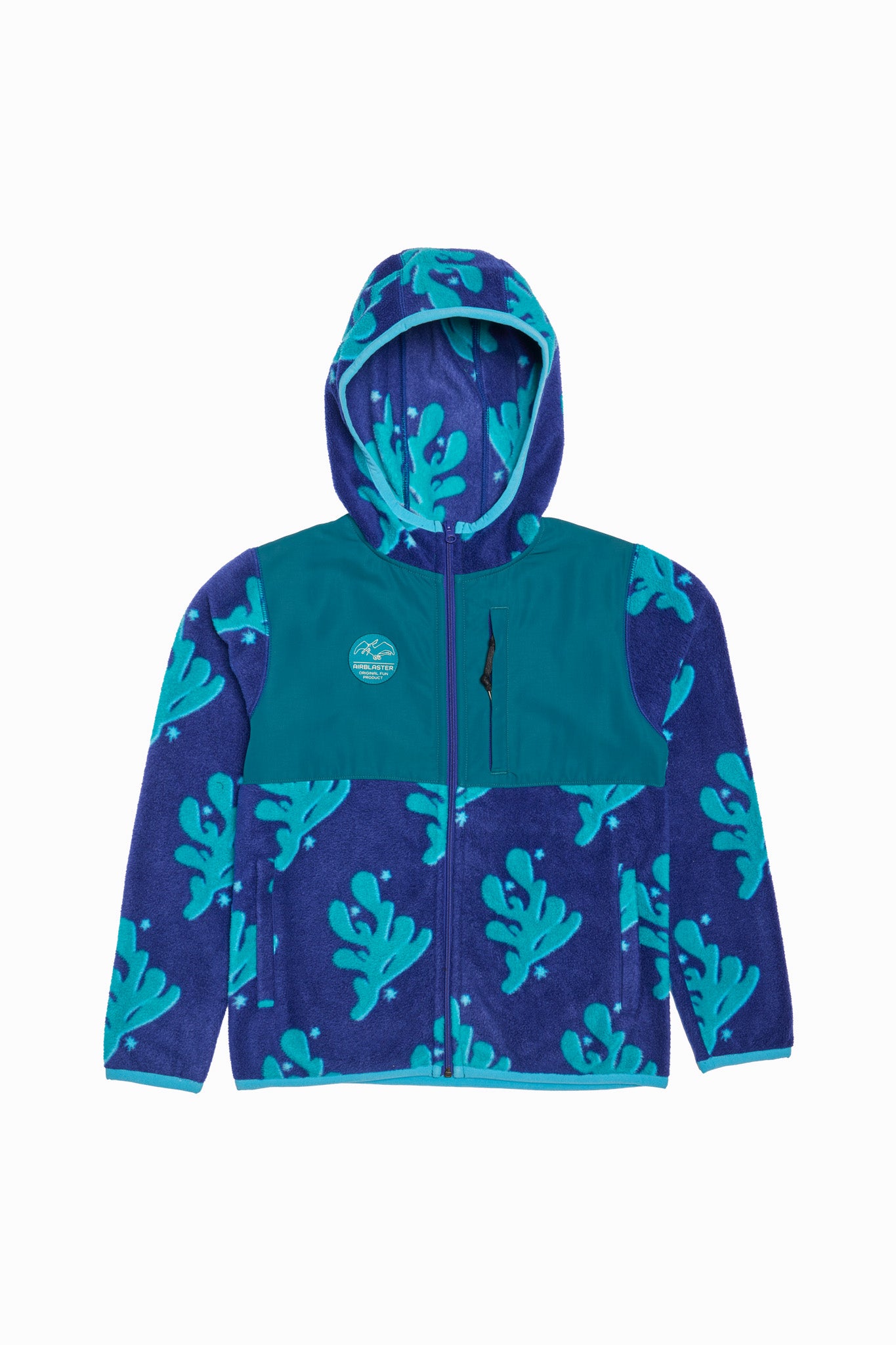 A hooded zip-up fleece jacket with a color-blocked design, featuring a teal upper chest and shoulders, a purple lower body and sleeves, and a teal coral-like leaf pattern across both sections. A small circular logo is visible on the left chest.