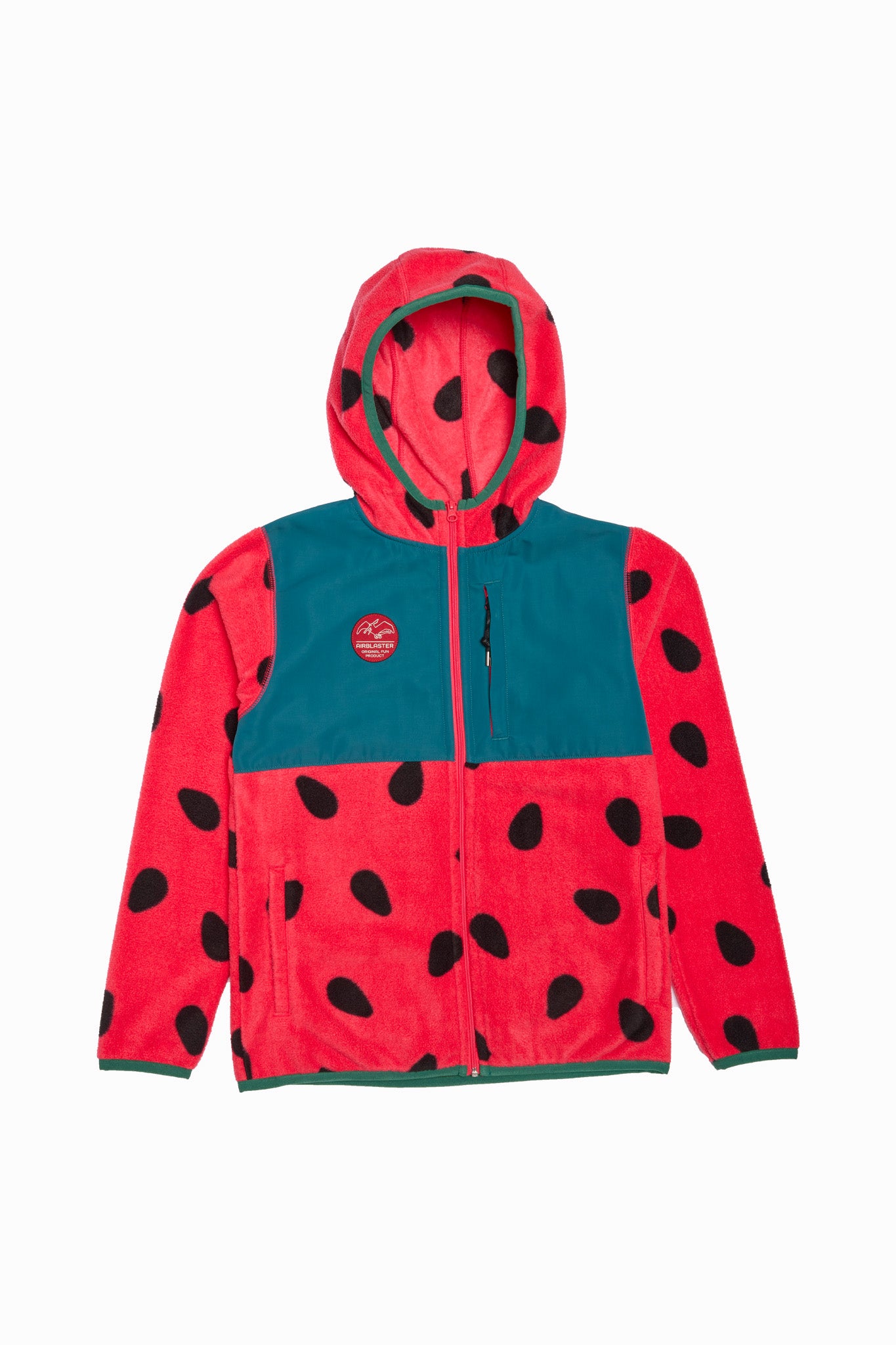 A children's hooded fleece jacket with a watermelon print, featuring a red body with black seed spots, a teal green chest panel, and a matching teal hood lining, shown against a plain white background.
