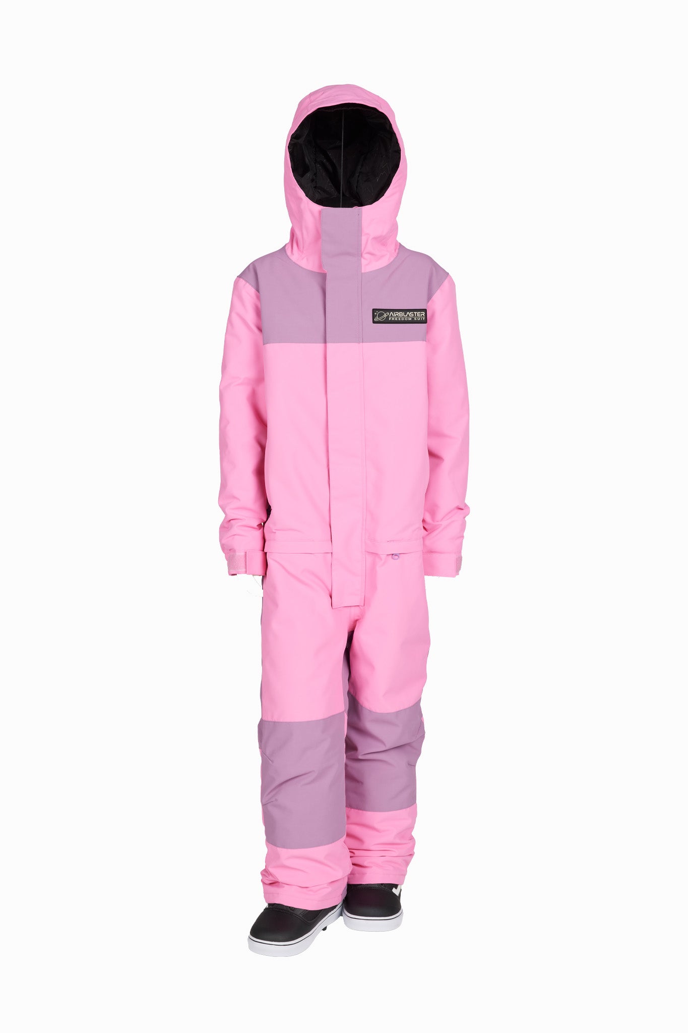 Pink and purple snowsuit with a hood on a white background