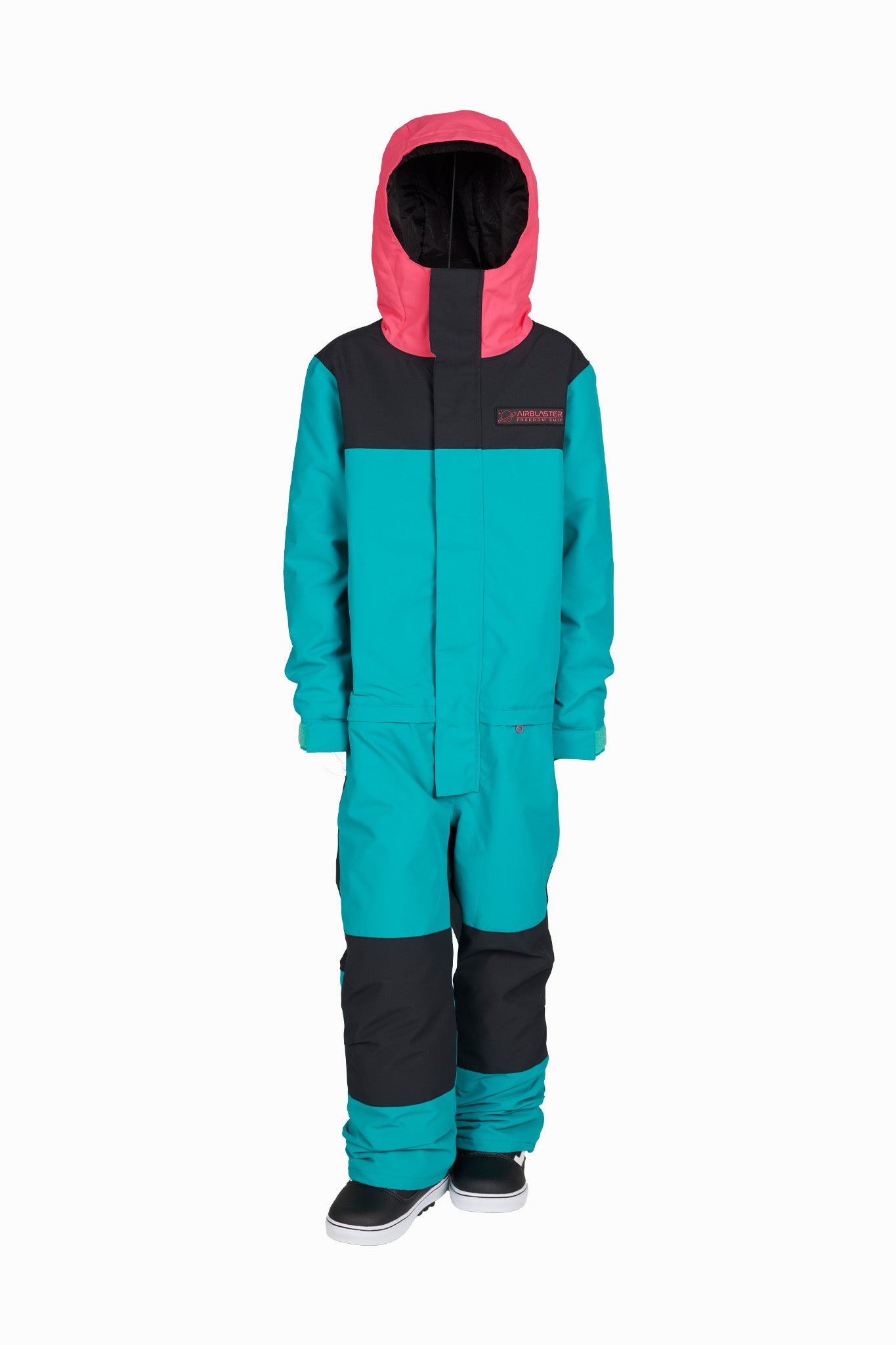 a colorblock snowsuit with a bright teal body, black upper chest and lower legs, and a pink hood with a black interior, standing against a plain white background.