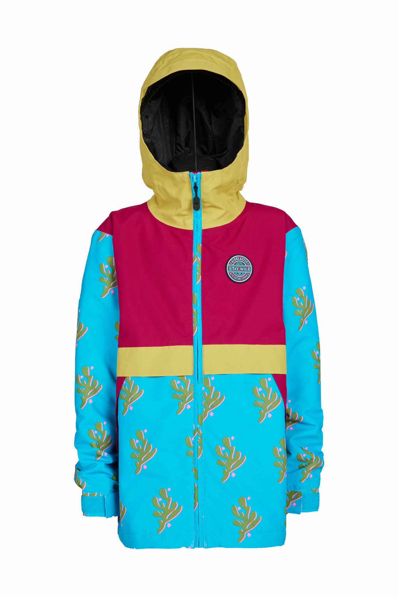 A color-blocked hooded jacket with a turquoise lower half featuring a gold leaf pattern, a magenta upper chest and hood, and a gold horizontal stripe. A circular logo patch is visible on the left chest.